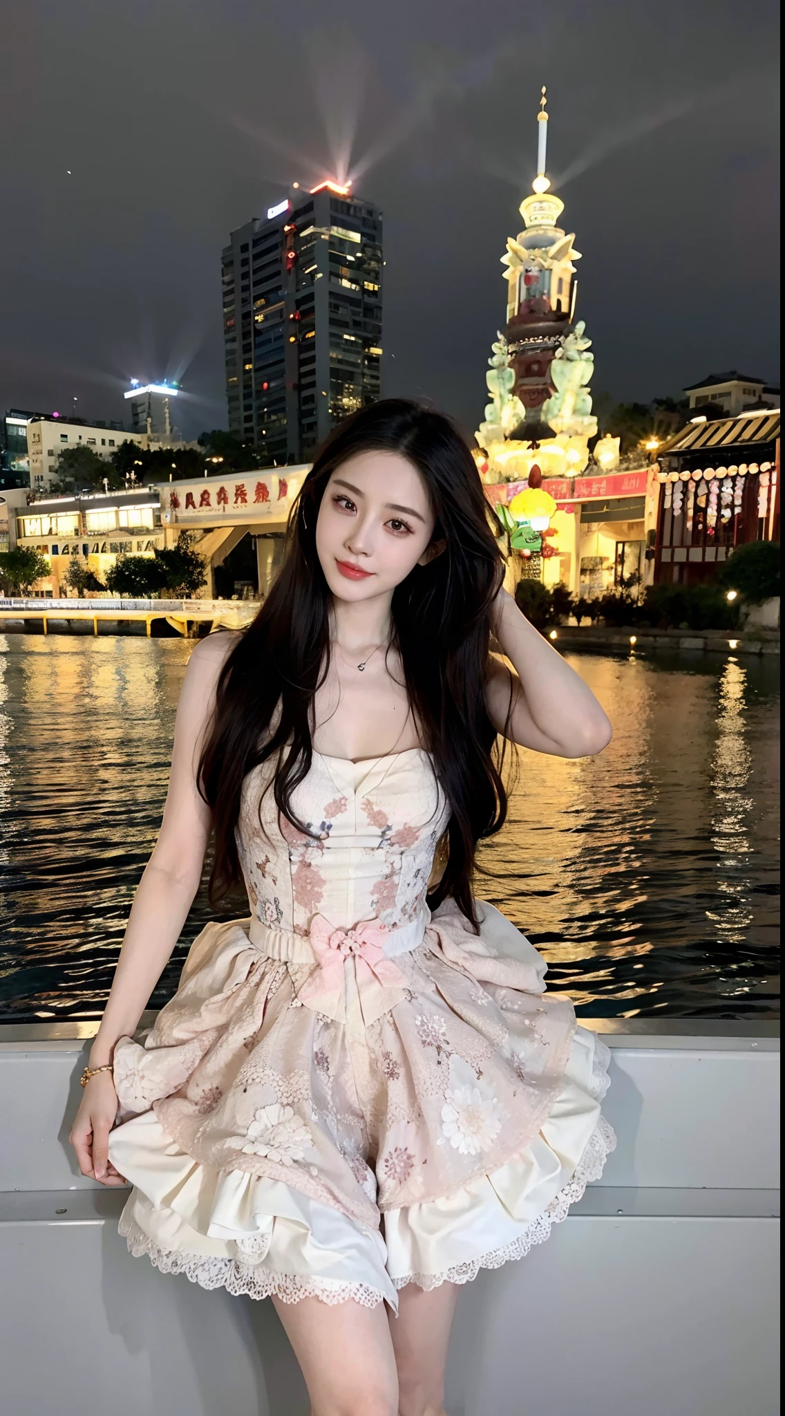 Arad woman in dress poses on a boat in front of the city, Fan Bingbing, dilraba dilmurat, full-body xianxia, xintong chen, wenfei ye, Chinese girl, Cai Xukun, shaxi, Li Zixin, ruan jia beautiful!, zeng fanzh, chengyou liu