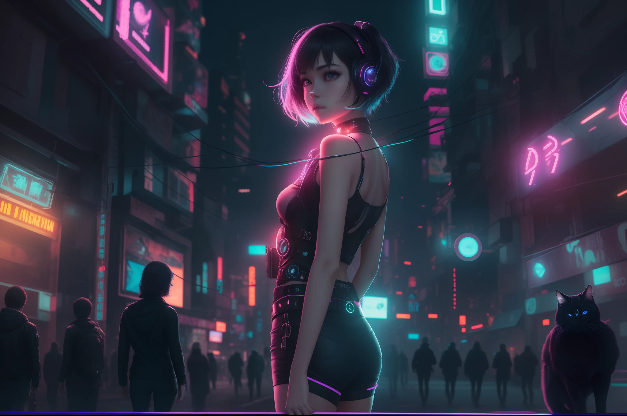 Super Resolution, (Realistic: 1.3) 1 Girl, Cyberhan, Cyberpunk City, Night, Neon, Lantern, Solo, Delicate Face, Delicate Eyes, Short Hair, Cat, Full Body, Back, Back to the Audience
