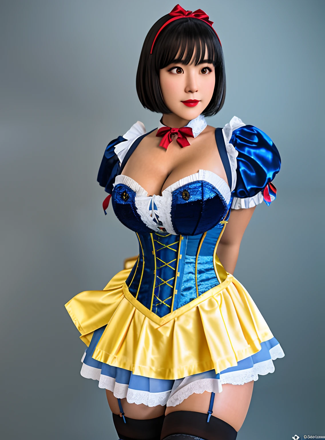 Waifu, dark short hair, school girl hair ornament, large breasts, cleavage, perfect composition, perfect Waifu, sexy, appealing, ((Best quality)), ((masterpiece)), (detailed:1.4), 3D, an image of a beautiful schoolgirl Lolita prostitute, long black stockings, submissive, super thick, small waist, ripped, fit, slave collar, makeup, lipstick, blush, exotic, Asian and Spanish, HDR (High Dynamic Range),Ray Tracing,NVIDIA RTX,Super-Resolution,Unreal 5,Subsurface scattering,PBR Texturing,Post-processing,Anisotropic Filtering,Depth-of-field,Maximum clarity and sharpness,Multi-layered textures,Albedo and Specular maps,Surface shading,Accurate simulation of light-material interaction,Perfect proportions,Octane Render,Two-tone lighting,Wide aperture,Low ISO,White balance,Rule of thirds,8K RAW, blue silk corset, pleated silk yellow skater skirt, bending over, cleavage