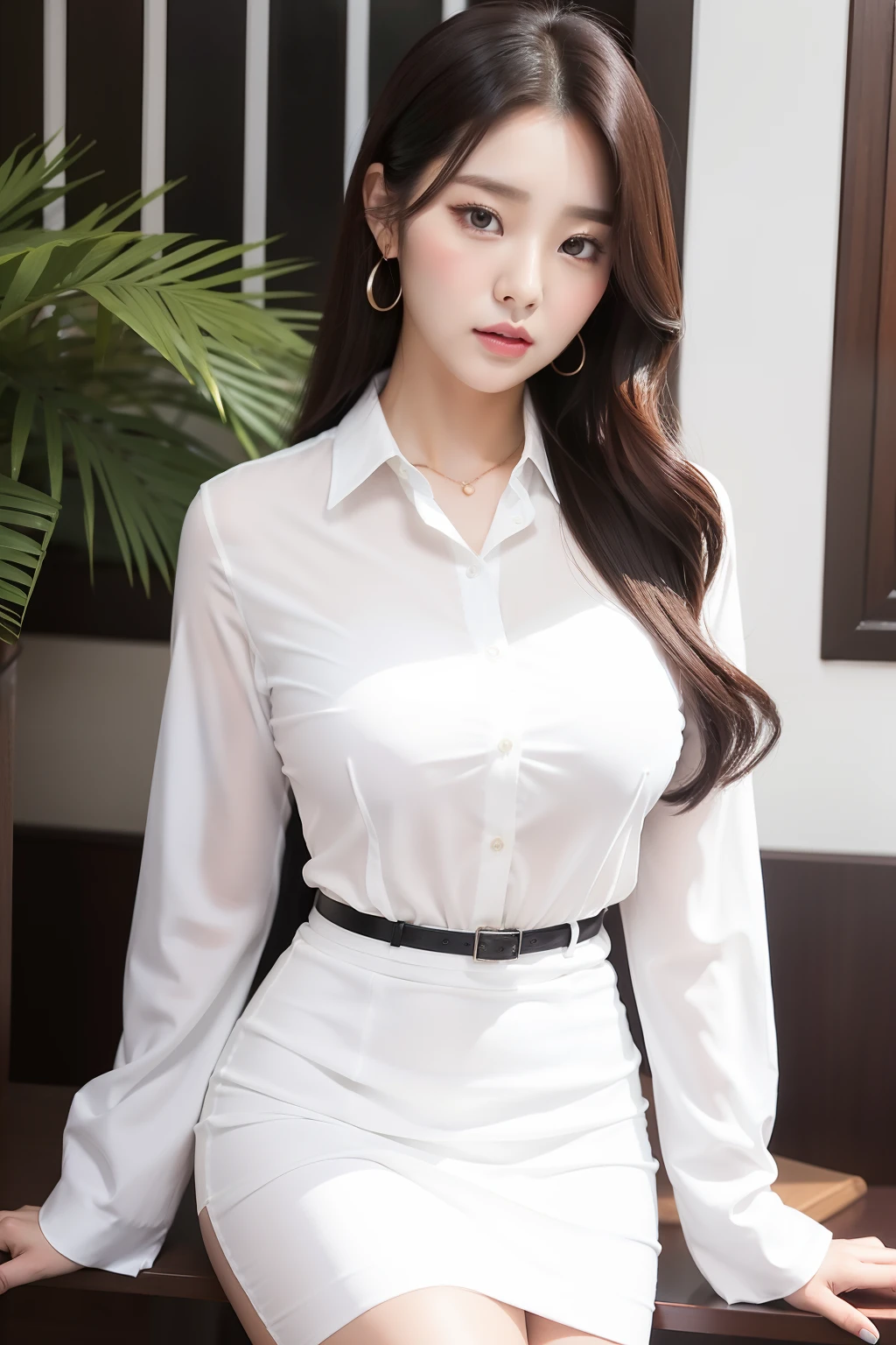 arafed asian woman in a white shirt and black skirt posing for a picture, jaeyeon nam, gorgeous young korean woman, beautiful south korean woman, korean girl, beautiful young korean woman, korean woman, heonhwa choe, korean women's fashion model, lee ji-eun, lee ji - eun, hwang se - on, smooth white tight clothes suit, sexy look, big breast