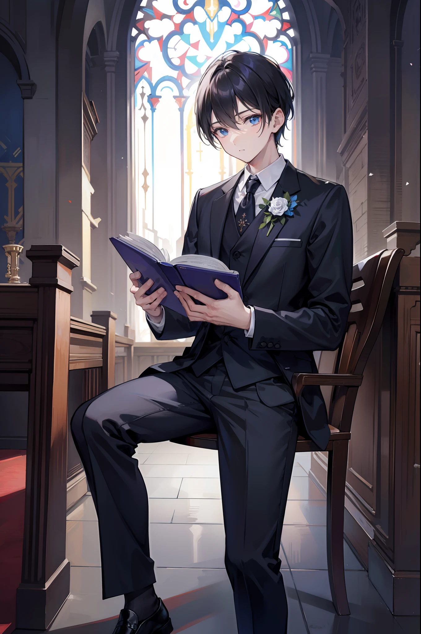 young man, wearing formal suit, reading bible, background of church, 8k, high res,