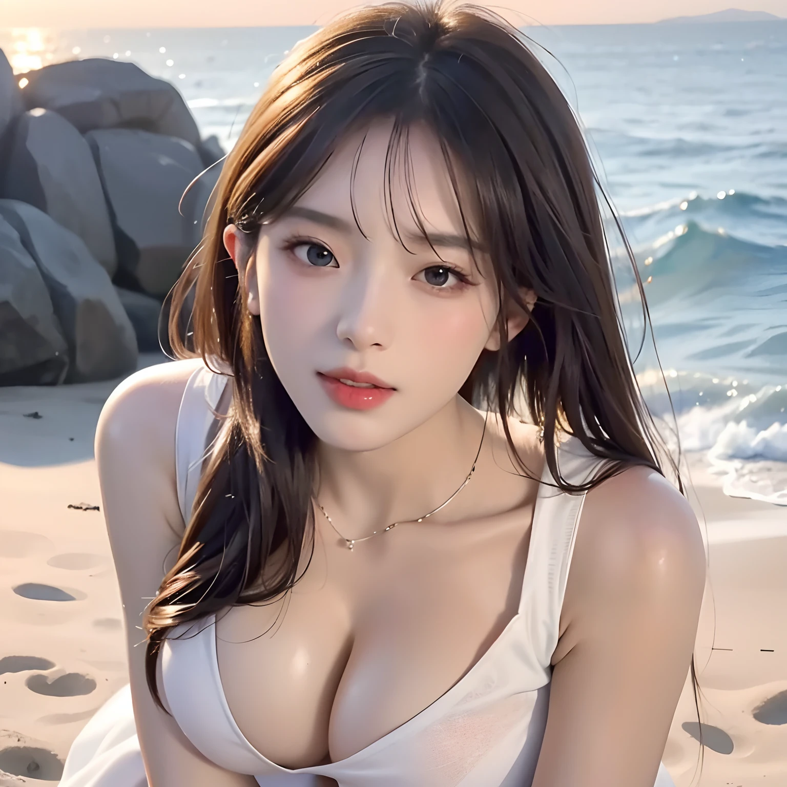 One guy,(8K, RAW photo, Photorealistic:1.25) ,( Gloss on lips, eyeslashes, gloss face, Glossy glossy skin, best qualtiy, 超高分辨率, depth of fields, color difference, Caustics, Wide light, naturalshadow, Kpop idol)sitted,big white legs,European style,big assa,huge tit,huge tit,huge tit,Exposed breasts,Dress revealingly,sliver long hair,Raised sexy,sea beach