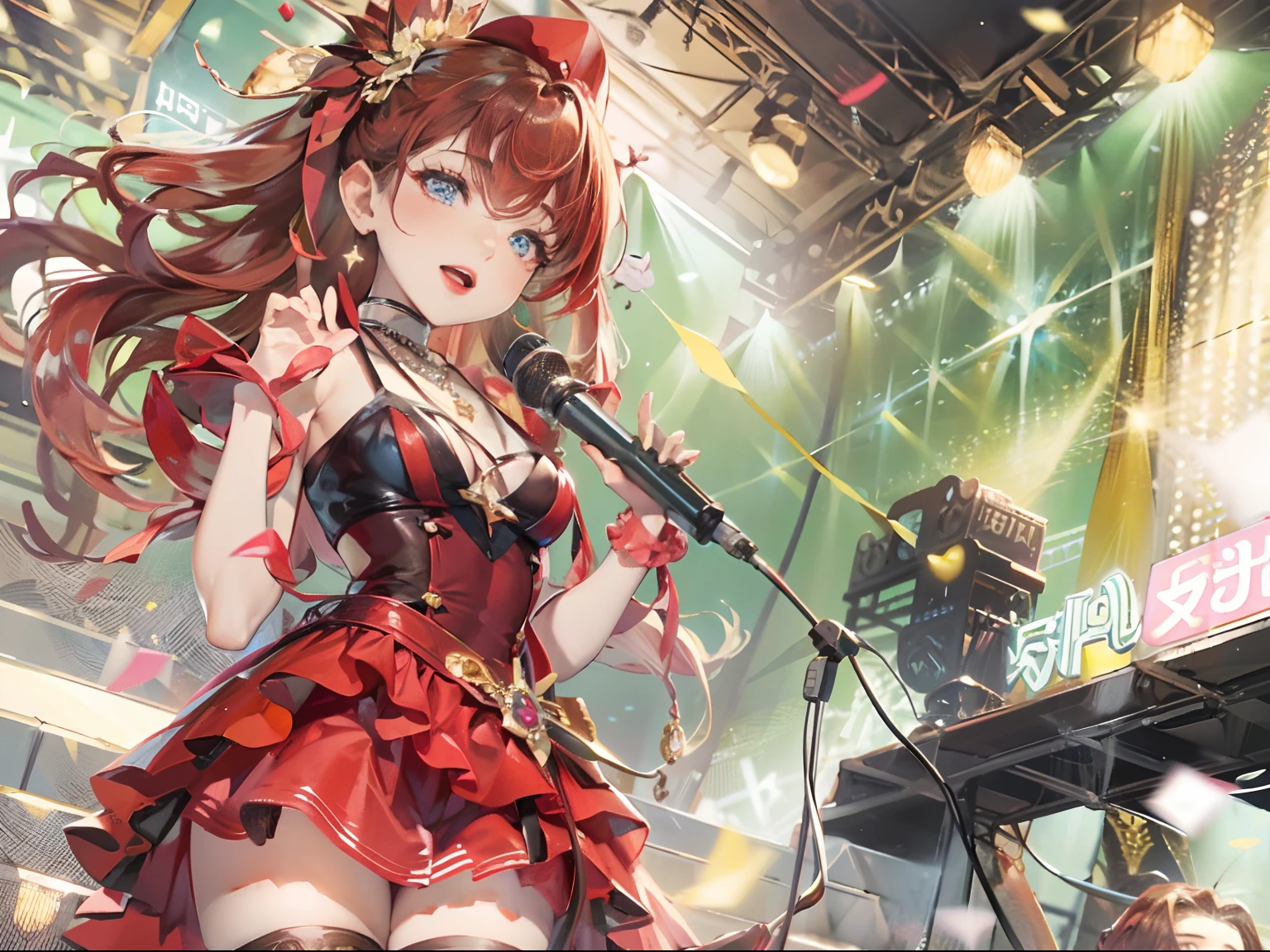 Girl, solo, jewelry, long hair, necklace, earrings, looking at the audience, idol, stage costume, on stage, holding a microphone, cowboy camera, shoulder off, bare shoulders, wavy hair, ((singing with microphone)), bright picture, pretty eyes, lips, parted lips, happy, radiant singing, skirt, ruffles, (Red dress :1.3), with a starlit stage in the background and girls singing on it