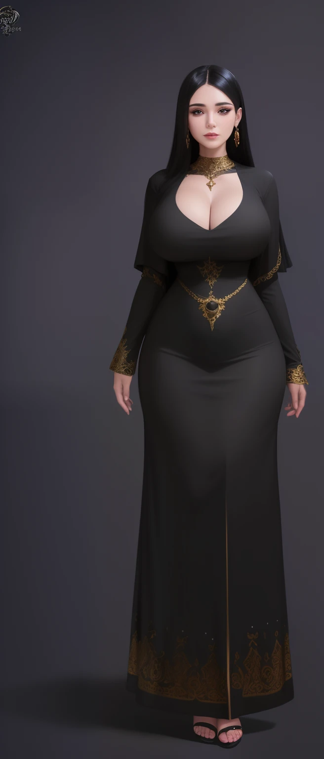 High quality, arafed woman in a black dress with gold trim and a large breast, curvy hourglass body, cleavage, thicc, yennefer, dark astral dress, elegant cinematic pose, full body detailed, dark sorceress full body pose, full body female, yennefer of vengerberg, doing an elegant pose over you, ornate gown, dark sorceress full view,