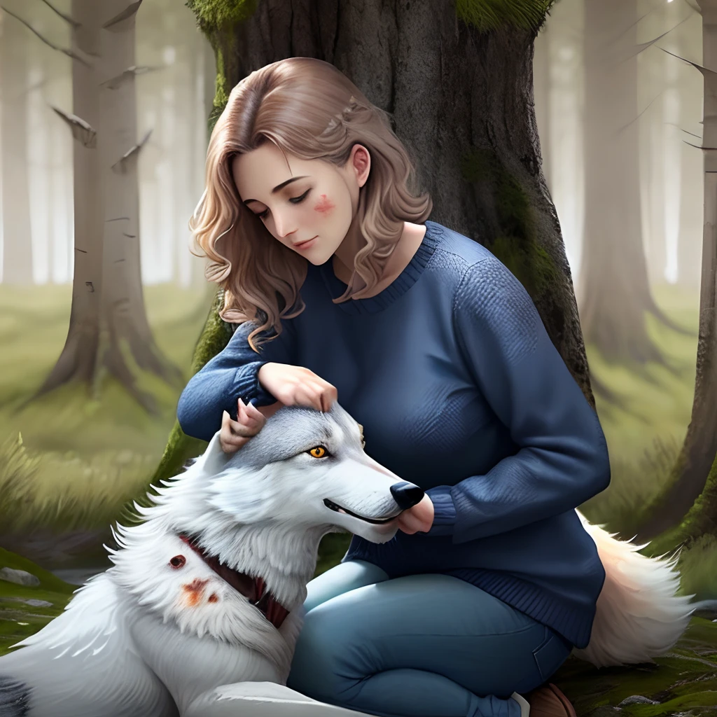 Mulher bonita e de cabelos longos e escuros aplicando Reiki, A healing therapy with hands on a wolf. The scenery is a flotesta full of trees. They are alone and the wolf is wounded, um ferimento a faca. The woman is dressed in jeans and a sweater.