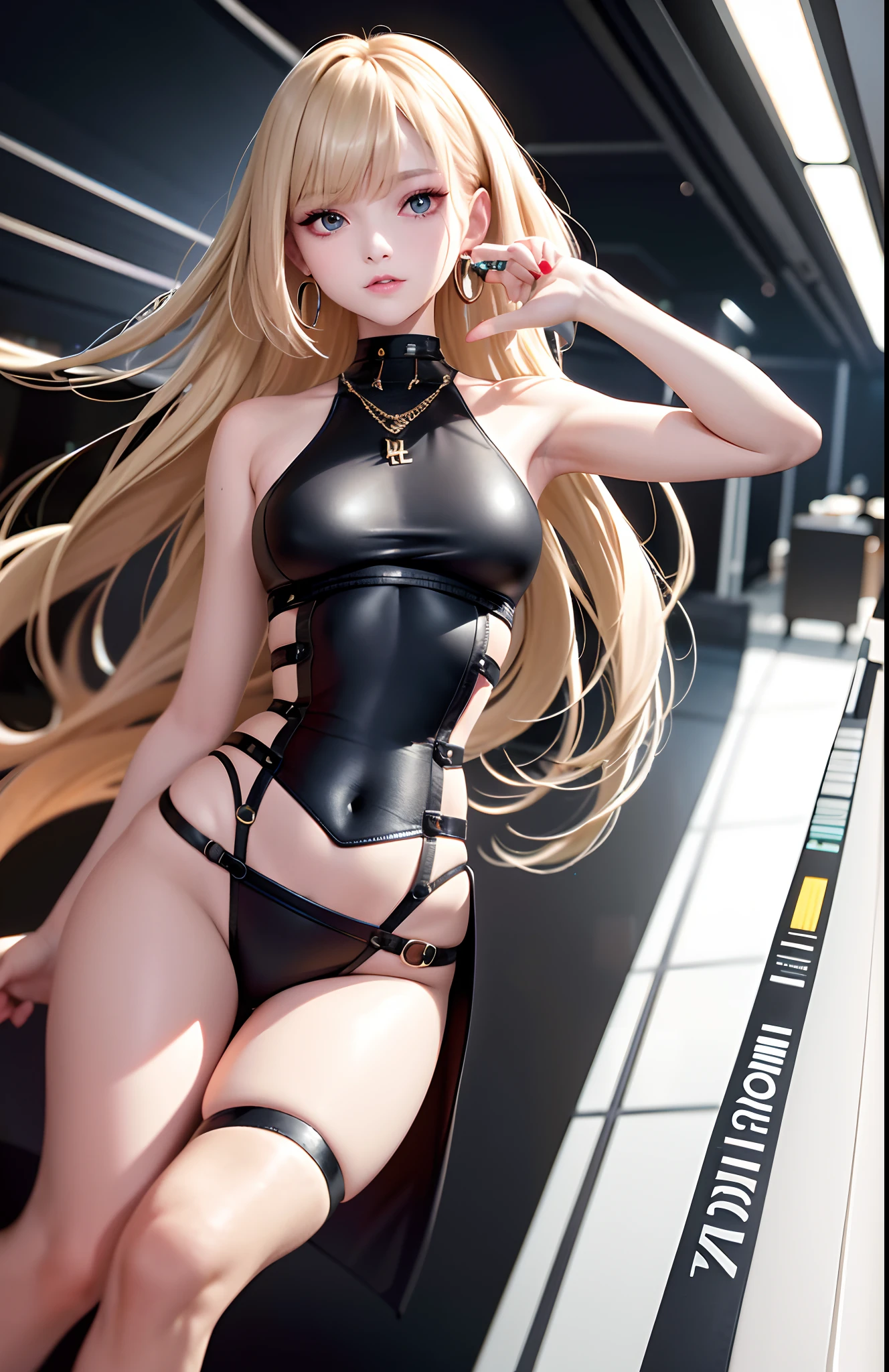 optimum,tmasterpiece,A high resolution,best qualtiy,hyper HD,super detailing,Award-Awarded,16k,独奏,(The upper part of the body),anatomy correct,Beautiful cyberpunk girl,Ex Machina,cute face,high light,Gradient Beige Hair,Hairline,((Scarlet eyes)),long eyelasher,Hanging eye corners,White skin of the,(small boobs),(Slim body),((tank_top)),((high-waist_Skirt)),(),ear studs,(neck rings),(Laser material clothing:1.2)
