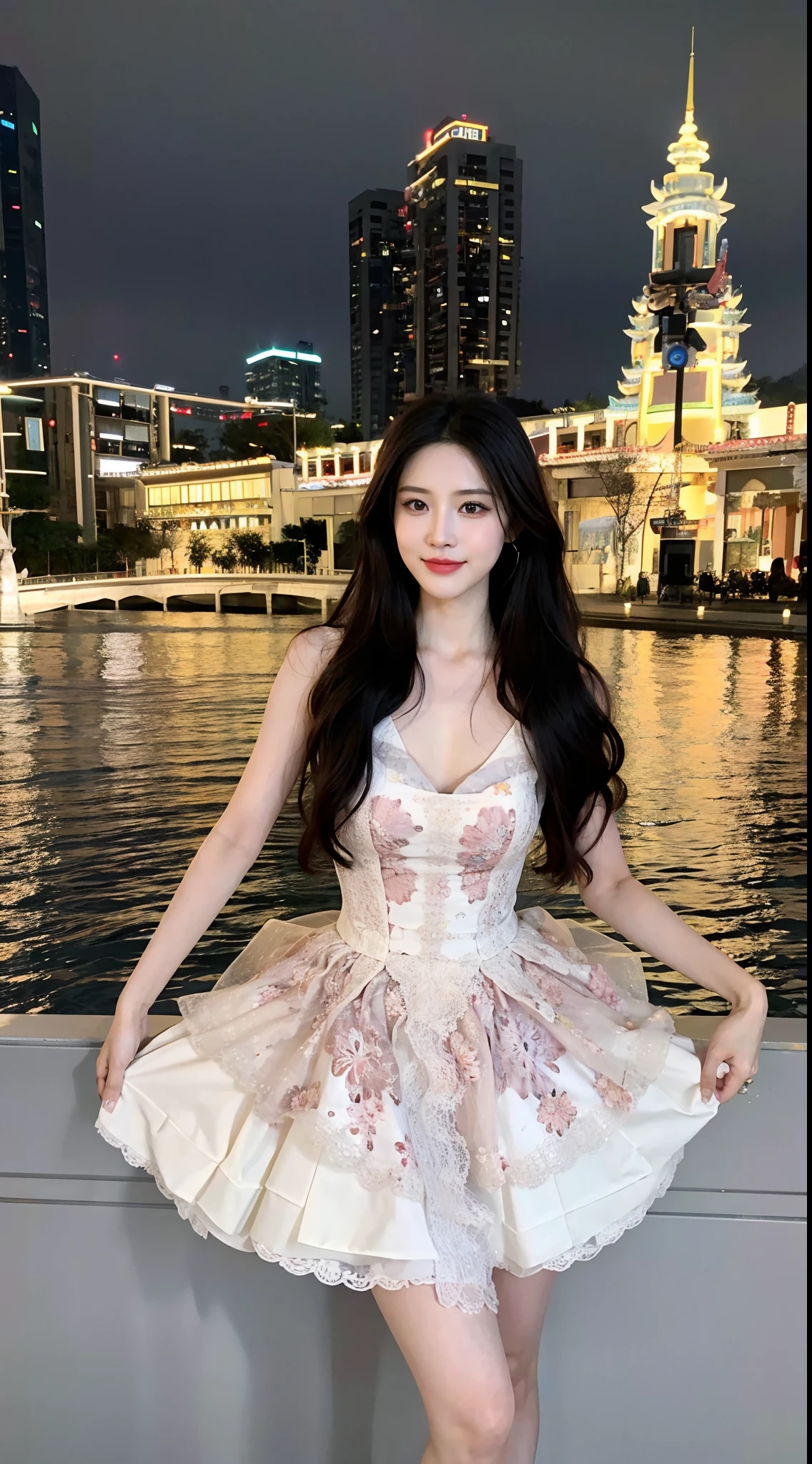 Arad woman in dress poses for photo in front of the city, full-body xianxia, belle delphine, Middle metaverse, xintong chen, Album art, xision wu, wenfei ye, Cai Xukun, shaxi, Chinese girl, bae suzy, sakimichan, personal profile picture, chengyou liu