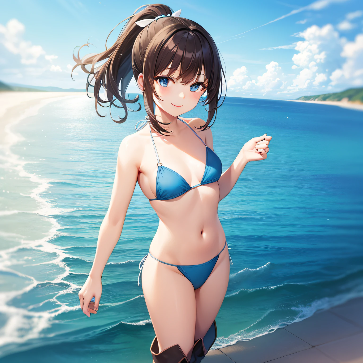 Top quality, very delicate and beautiful, girl, 11 years old, (dark brown hair), blue micro bikini, (ponytail), (white hair band), (brown boots), blue eyes, standing, smiling, sea background