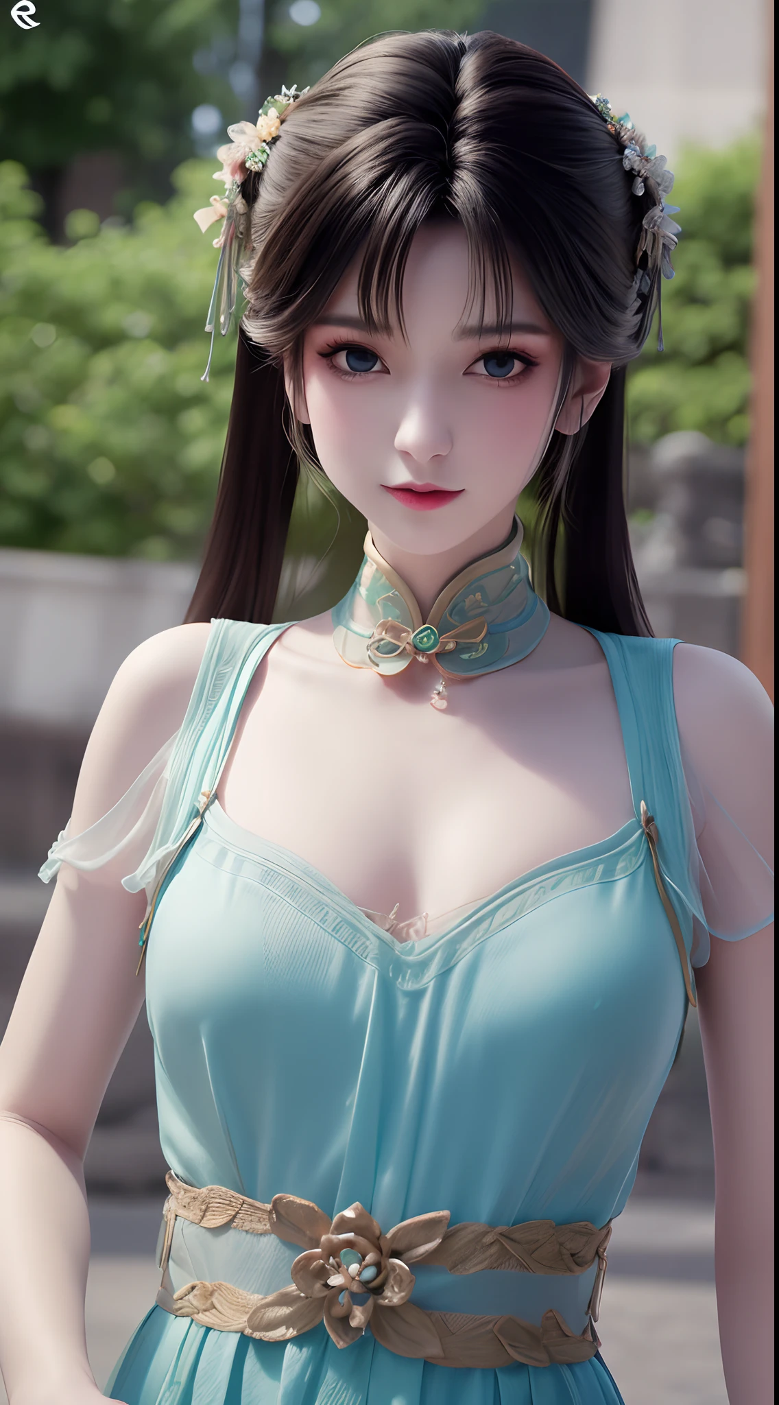 1 beautiful and cute realistic girl, tender young girl, waist length hair, long black hair with a hint of blue, light blue eyes, wearing a long, thin, blue dress with a hanfu style, ((blue dress with white lace border covering the girl's cleavage:0.8)), style hanfu, wearing a thin silk shirt of ancient China, pink and smooth white skin, wearing a discreet ancient style ao dai, appears shoulders and head in the photo,cute little face, eye bags under wet makeup, plump red lips, pout, ((closed mouth:1.0)), balanced incisors, embarrassed, small face makeup detailed and very beautifull, The breasts are super round and tight, breast augmentation, blum boobs, ((cover the girl's chest with a camisole inside:1.2)), blush, from front, wear earrings, necklaces, from above, looking at viewer, upturned eyes, upper body, masterpiece, top quality, best quality, official art, unity 8k wallpaper, highres, ultra-high res, ultra-detailed, (photorealistic:1.2), alone, solo, Only 1 girl, style hanfu Dunhuang, 10x pixels, super realistic, ultra high quality, full body view of the girl, upper body,