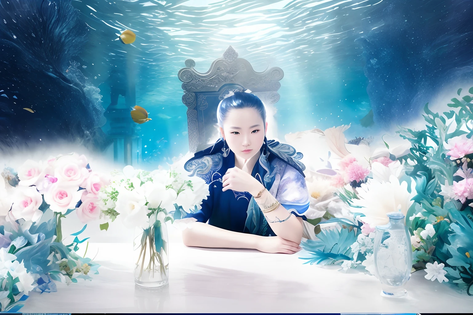there is a man sitting on a table with flowers in front of him, queen of the sea mu yanling, real photoshoot queen of oceans, sitting in his throne underwater, lu ji, inspired by David LaChapelle, manabu ikeda, tang mo, water art photoshop, inspired by Xia Yong, in a sea, mingchen shen, jen zee, acrylic art