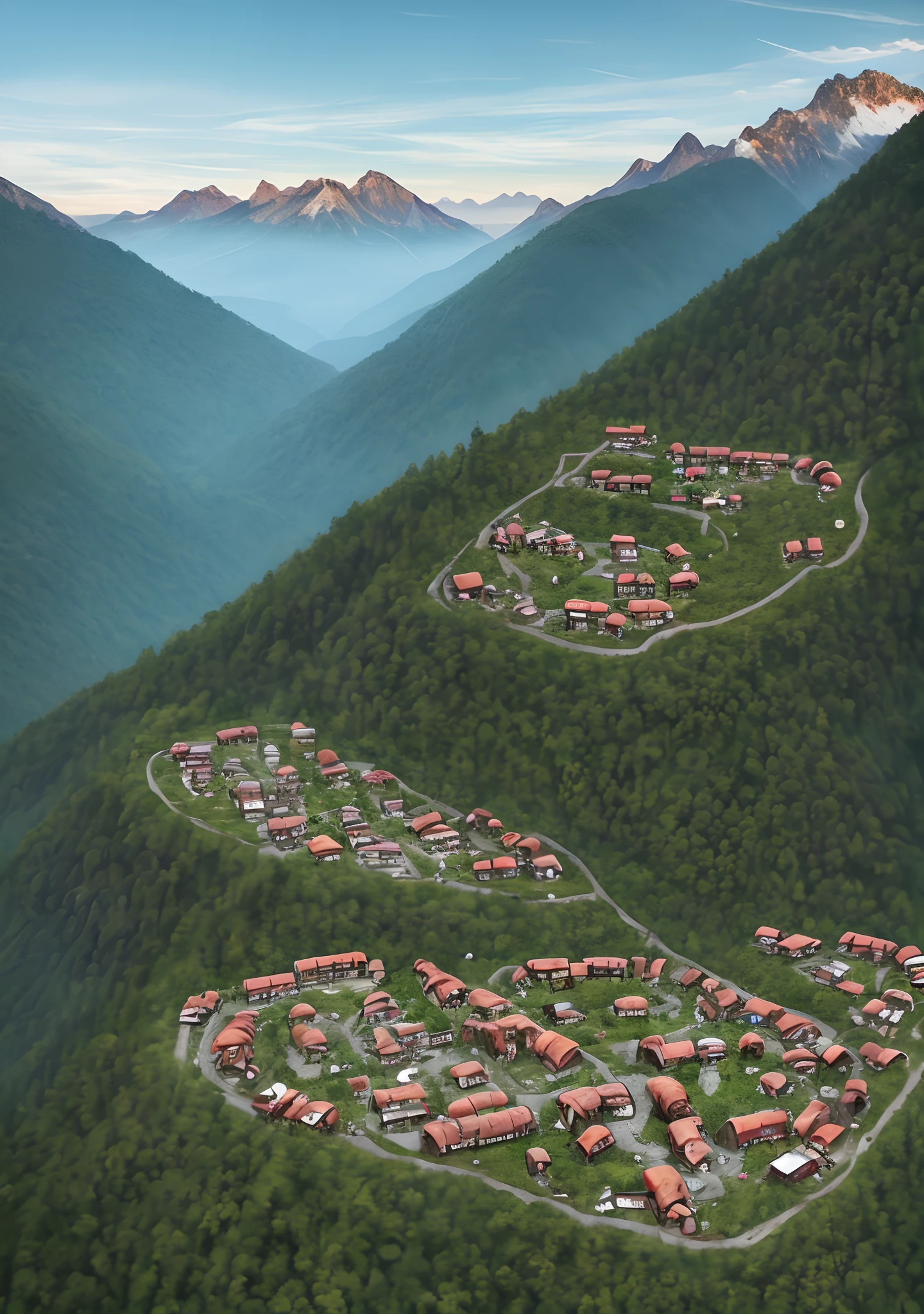 Apocalyptic pos village isolated in the mountains surrounded by forests