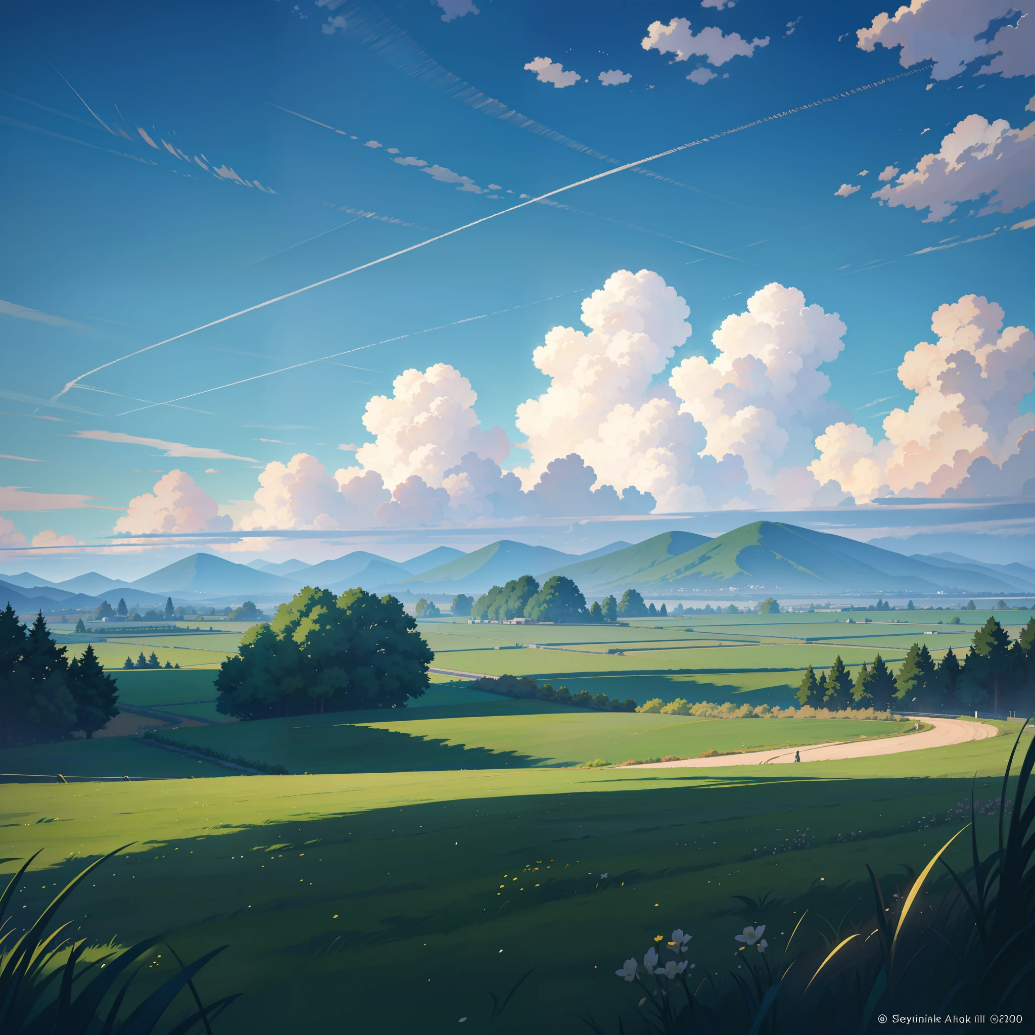 anime scene of a green grass field with sky, anime scenery, anime landscape, anime beautiful peace scene, beautiful anime scene, beautiful anime scenery, anime nature wallpap, anime nature, anime countryside landscape, style of makoto shinkai, makoto shinkai!!, anime background, anime scene, makoto shinkai!, beautifull puffy clouds. anime