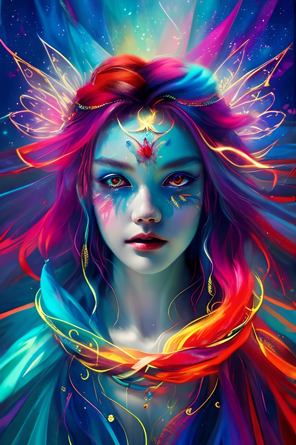 Masterpiece quality、highest quality、Gorgeous art、detailed meticulous:1.2、Colorful abstract background、Mysterious fairy woman、Colourful hair、Long hair shawl、Red glowing eyes、Mysterious magic、Girl of Ice and Fire、Red and blue color scheme、Cinematic light and shadow