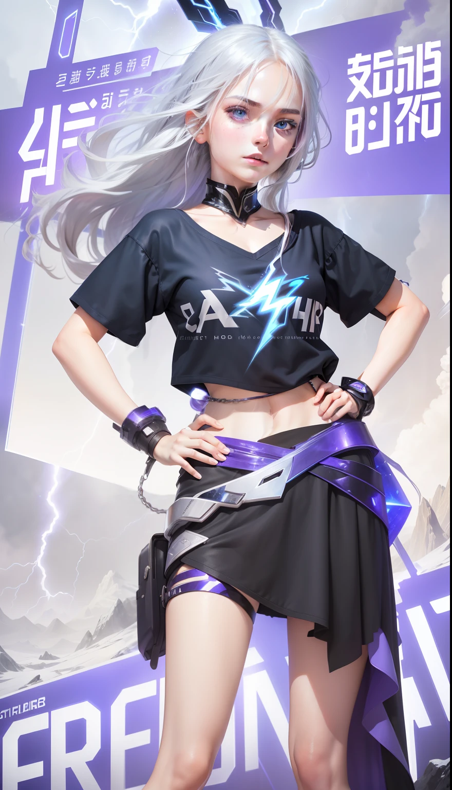 A girl, shiny silver hair, extra-long hair, delicate face, delicate eyes, icy environment, blue-purple environment, surrounded by many blue-purple lightning bolts, explosive lightning elements floating in front of the body, dreamy, mysterious, 8k, full body