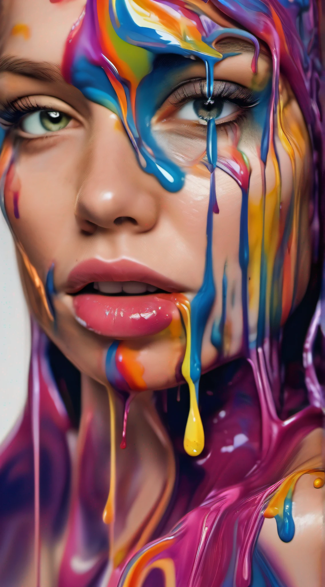 a close up of a woman's face with a colorful paint on it, face submerged in colorful oils, closeup of face melting, vibrant colors hyper realism, colorful melting human head, by Alberto Seveso, colorful hyperrealism, fully covered in colorful paint, glossy painting, face melting, psychedelic dripping colors, dripping with color, glossy paint, dripping colors