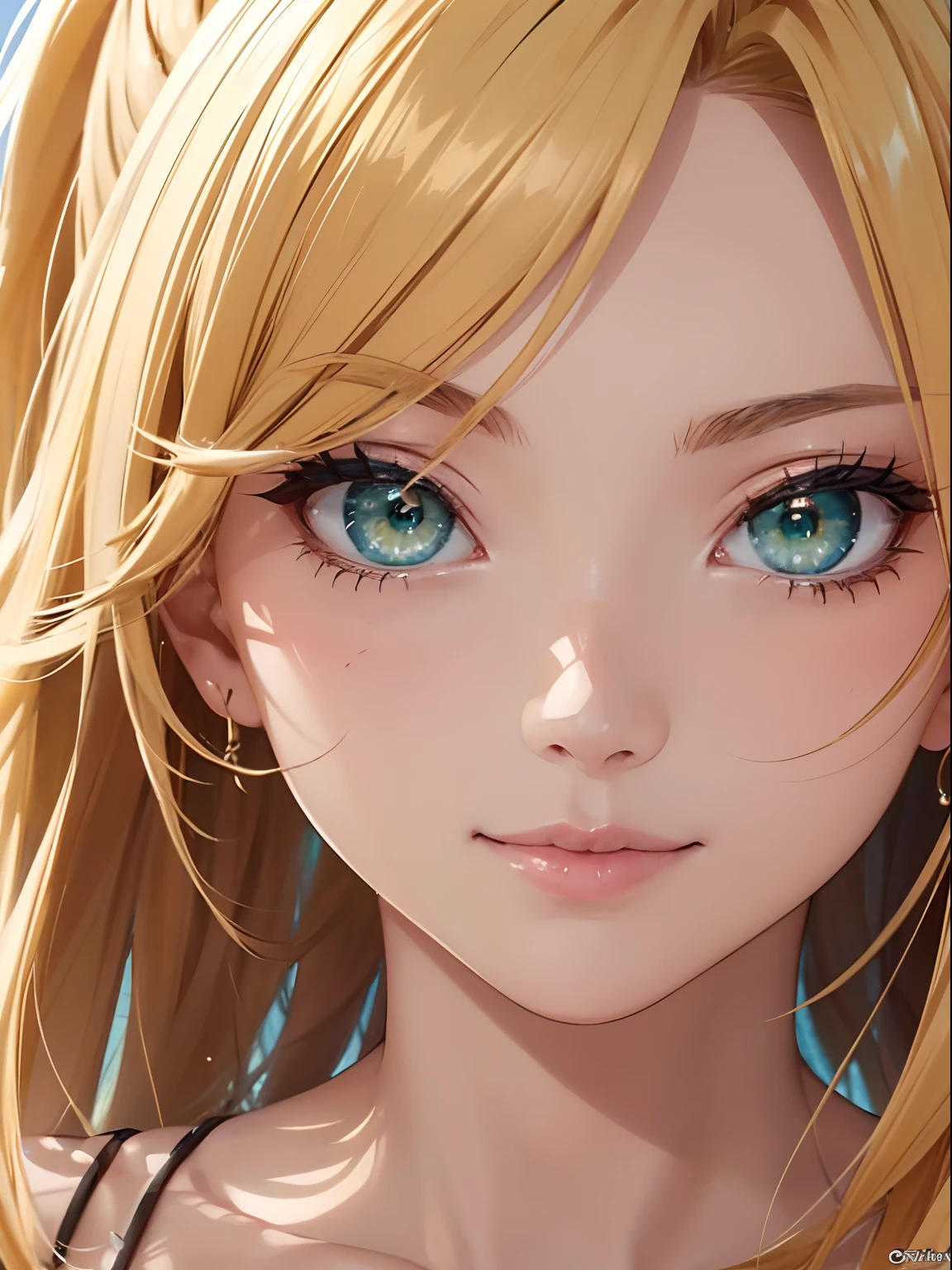 NFSW, 1 Lady, Face, (((1 Lady:1.37, Solo))), (((Extreme close-up of the face))), (Beautiful face, Cute face, Detailed face, grinning evily, open open mouth), BREAK, ((( Golden hair, Semi-long hair, Hair pulled back))), (((Detailed beautiful green eyes,))), BREAK, (((Sunny))), (((in beach))), BREAK, blazing, Shiny skin, extremely detailed CG unified 8k wallpaper, very fine 8KCG wallpaper, anime moe art style, Anime visuals of cute girls, anime style portrait, In an anime style, Beautiful anime, 8K Anime Art Style, In anime style、8K animation with detailed drawings, (masterpiece, Best Quality), High resolution, Ultra-detailed, ultra-sharp, Cinematic lighting