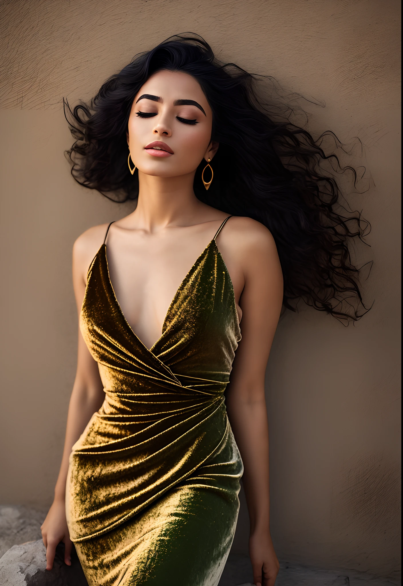 A picture of a beautiful Iranian woman with long black hair bronze skin Black eyes and eyebrows eyes closed hands open fit Medium and sexy breasts , An emerald velvet dress that shows the body. ,Cinematic Lighting, 8k, Crazy Detail, Intricate Detail, Beautiful Color Grading, Color Grading, Photographic Writing, Photography, Sharp Focus, Shot With Lens 60mm, ISO 300, f/4, 1/200 -