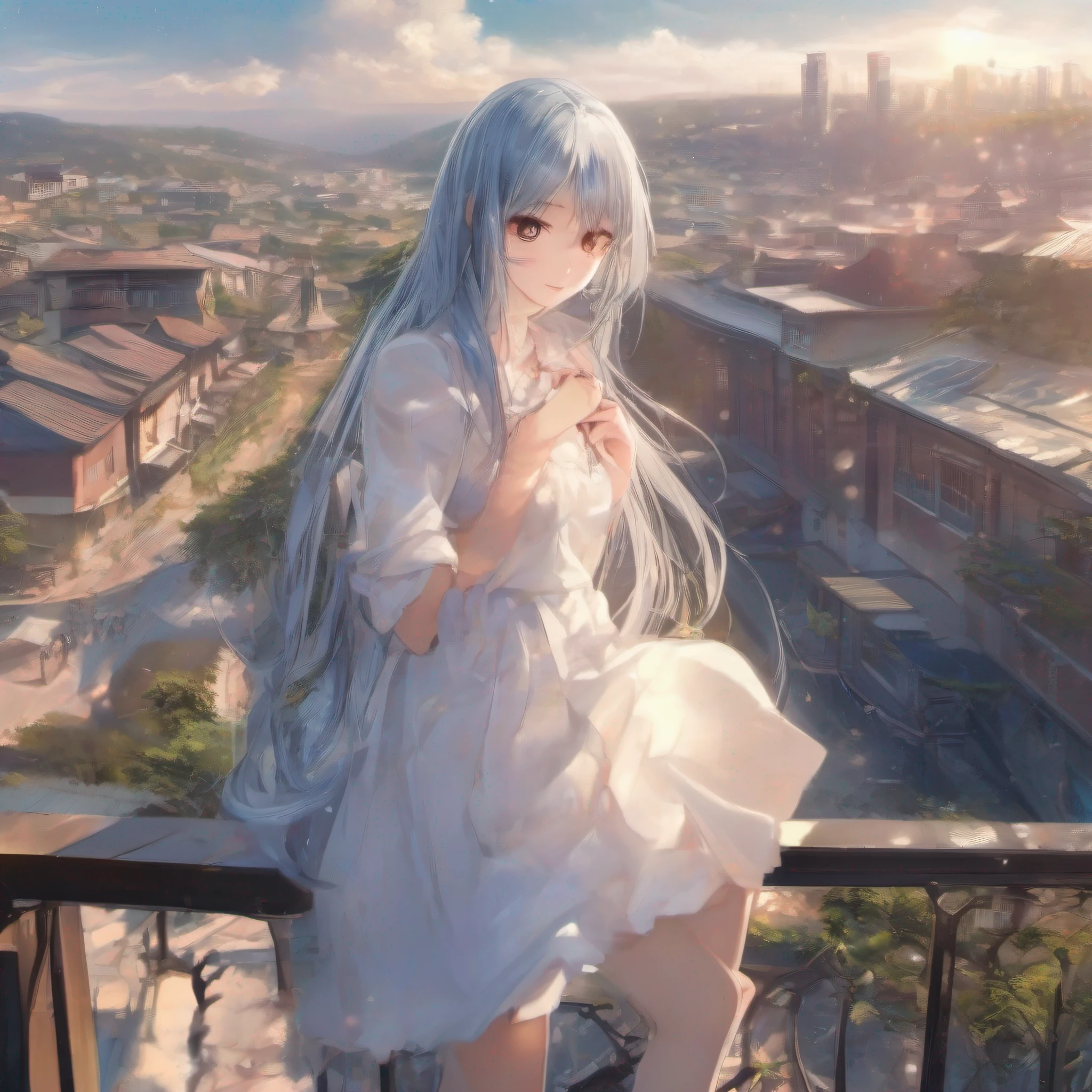 Official fine art，tmasterpiece，Sharp focus，（Beautiful gorgeous lovely Korean women：1.3），（beautiful lovely Korean people：1.3），South Korean beauties，Delicate and beautiful hair and eyes and face，realisticlying，ultra - detailed，a beauty girl，blue-sky，Glowing white particles,(side-lighting:1.2),rays of sunshine,baiyun,Detailed clouds,Slender,Cute big breasts and big buttocks,Toothy laughter,((Laugh and open your eyes)),scenecy,Long straight hair, sexy facial expression, buliding, (Cityscape:1.7), Dynamic hair, Long straight hair, Delicate platinum-pink hair, glow blue eyes, (blue pleated shirt+white  skirt), Long white socks, paleskin, hair adornments, epic landscapes,taking a shower