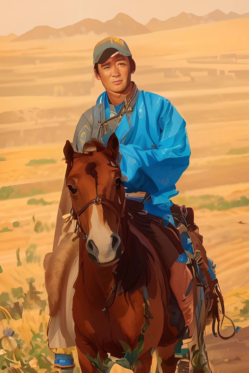 Arakfi rides horses in the fields, Mongolia, mongol, Man in horse suit, horse rider, the rider carries a large sword, mounted on a horse, In the steppe, ride horse, Riding a horse, a young woman as genghis khan, horse warrior, naranbaatar ganbold, tengri, morning detail
