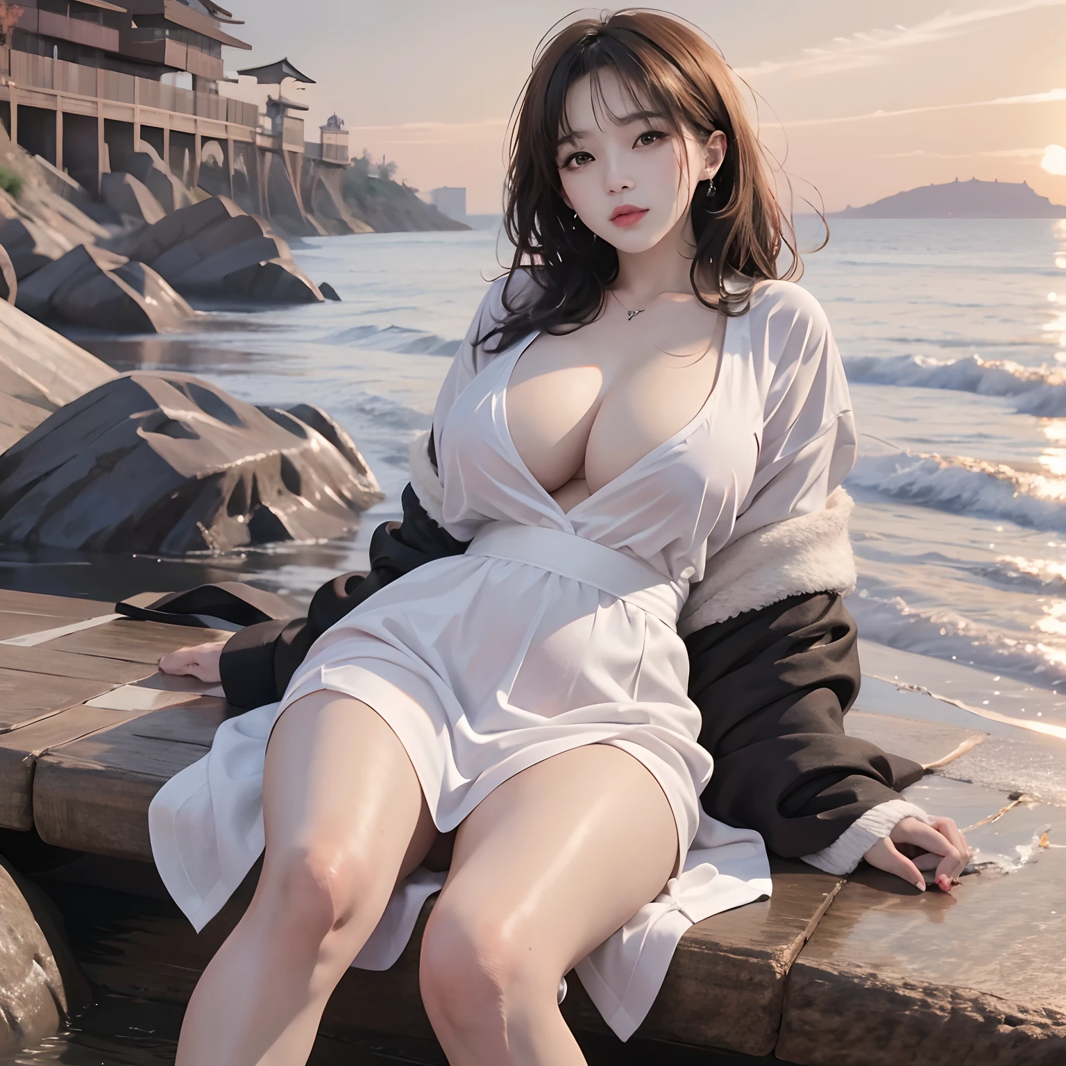One guy,(8K, RAW photo, Photorealistic:1.25) ,( Gloss on lips, eyeslashes, gloss face, Glossy glossy skin, best qualtiy, 超高分辨率, depth of fields, color difference, Caustics, Wide light, naturalshadow, Kpop idol)sitted,big white legs,European style,big assa,huge tit,huge tit,huge tit,Exposed breasts,Dress revealingly,sliver long hair,Raised sexy,sea beach
