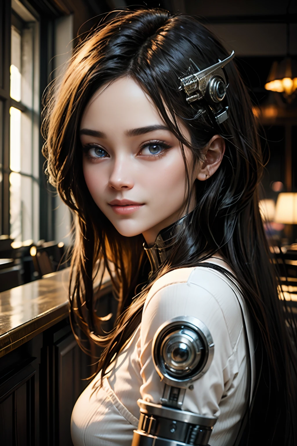 An illustration of a cyborg beauty with gorgeous hair, mesmerizing eyes, beautiful smile, posing for a photo, inspired by the style of Alex Ross. The scene is vibrant and dynamic, capturing her elegance and strength. Warm color temperature enhances her captivating features. Radiant lighting highlights her mesmerizing eyes. Atmospheric depth adds to the allure of the moment. --v 5 --stylize 1000