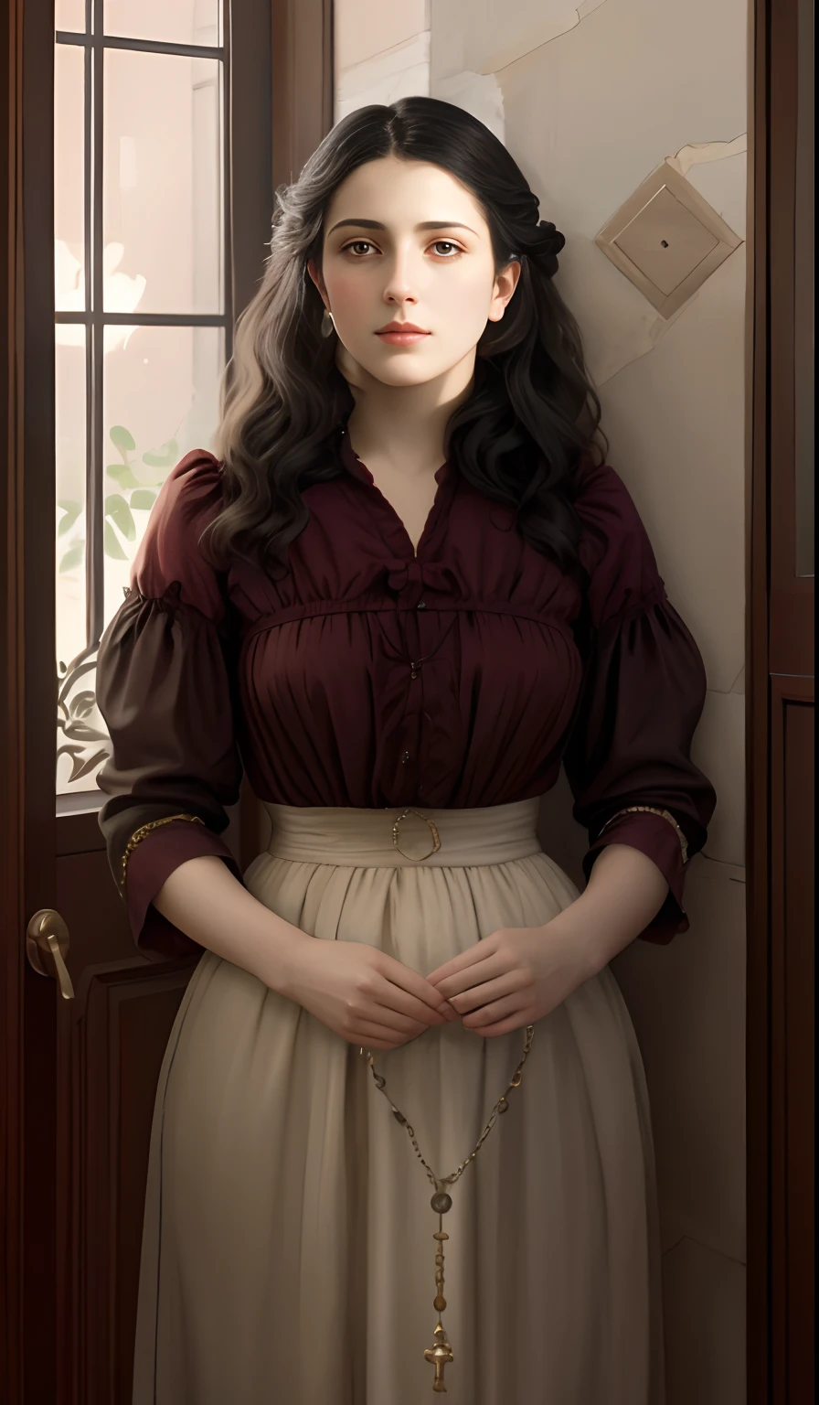 There is a woman in front of a door with a rosary, inspirado em Francesco Hayez, wearing 1890s era clothes, Retrato de personagem de corpo inteiro, retrato de personagem de corpo inteiro, fantasy genre portrait, Tom Bagshaw Estilo, inspirado em Albert Edelfelt, No estilo de arte de Bowater, inspirado em Alexandre Cabanel