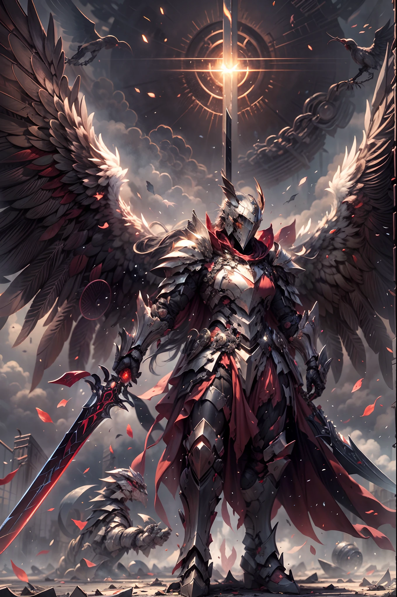 In a realm ravaged by darkness and despair, visualize a scene where a fully armored angelic knight emerges as a beacon of hope. Clad in gleaming armor, the knight stands tall with outstretched wings, exuding an aura of strength and unwavering resolve. Set the scene amidst a desolate battlefield, where the remnants of a fierce battle lay strewn across scorched earth. The sky above crackles with dark energy, hinting at the looming threat that still persists.
BREAK 
Explore the intricate details of the knight's armor, from the polished metal plates adorned with celestial motifs to the ethereal glow emanating from their sword and shield. Consider their expression, capturing the determination and compassion that define their noble purpose.
BREAK 
As the knight surveys the aftermath of the battle, describe the landscape that unfolds - a war-torn land scarred by darkness, yet touched by the faint glimmers of hope. Explore the poignant contrast between destruction and the resilient spirit embodied by the knight.
BREAK 
Craft a story or scene that encapsulates the essence of this moment, delving into the knight's motivations, internal struggles, and the weight of their responsibility as a protector. Consider weaving in elements of the fantastical world they inhabit, such as otherworldly creatures or forces of darkness, to enhance the narrative and fuel the knight's heroic journey.