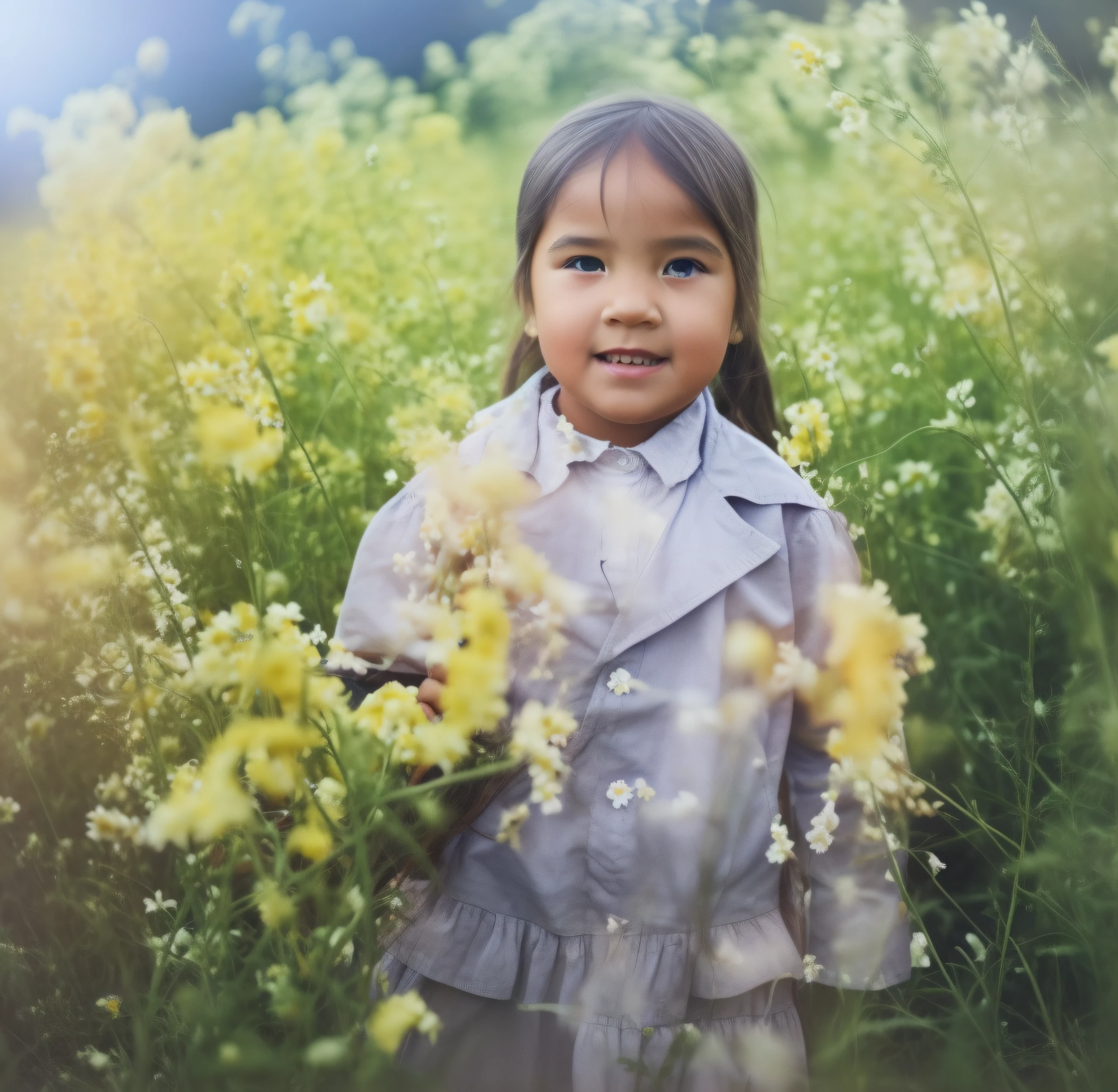 A stands in the middle of a field of rape flowers,The light is natural,The picture is clear