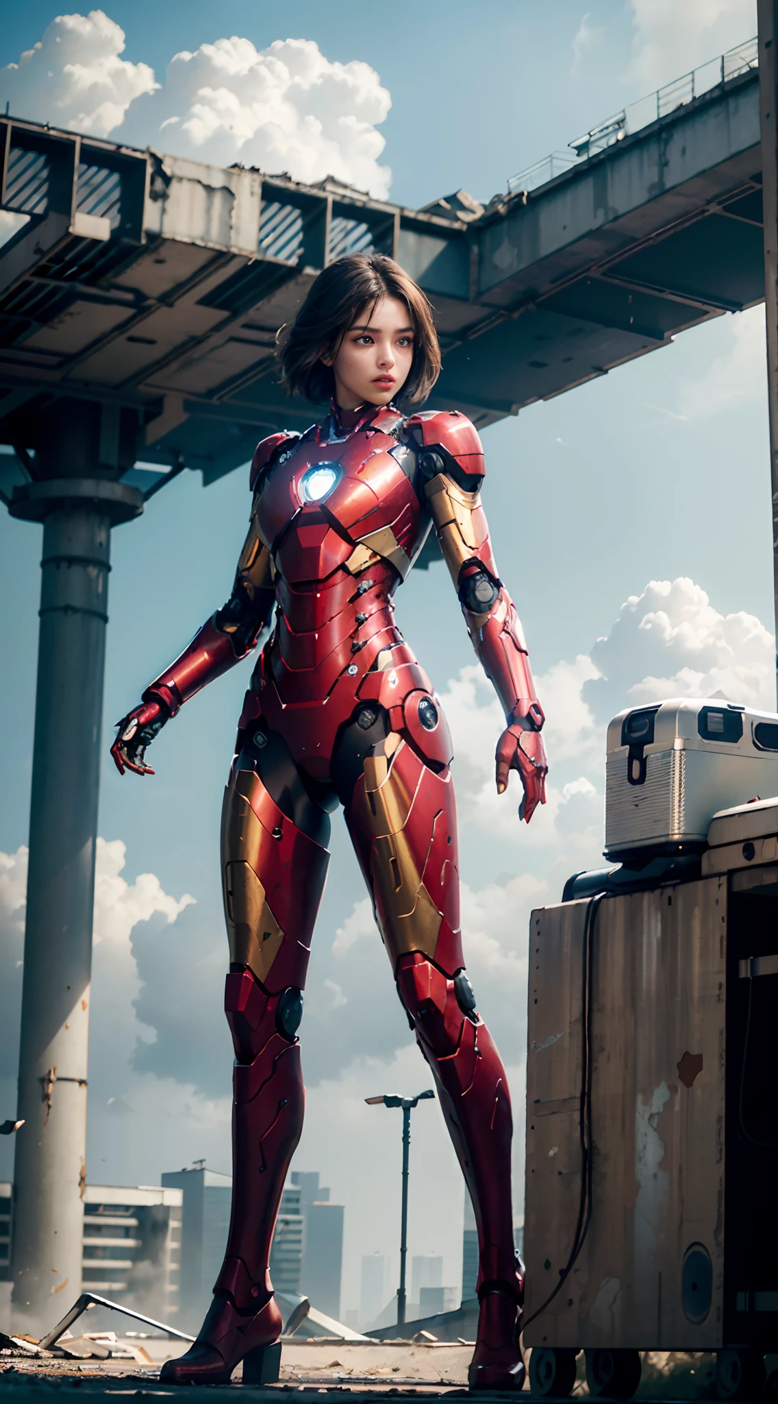 RAW, Masterpiece, Ultra Fine Photo,, Best Quality, Ultra High Resolution, Photorealistic, Sunlight, Full Body Portrait, Stunningly Beautiful,, Dynamic Poses, Delicate Face, Vibrant Eyes, (Side View) , she is wearing a futuristic Iron Man mech, red and gold color scheme, highly detailed abandoned warehouse background, detailed face, detailed and complex busy background, messy, gorgeous, milky white, high detailed skin, realistic skin details, visible pores , sharp focus, volumetric fog, 8k uhd, dslr camera, high quality, film grain, fair skin, photorealism, lomography, sprawling metropolis in futuristic dystopia, view from below, translucent