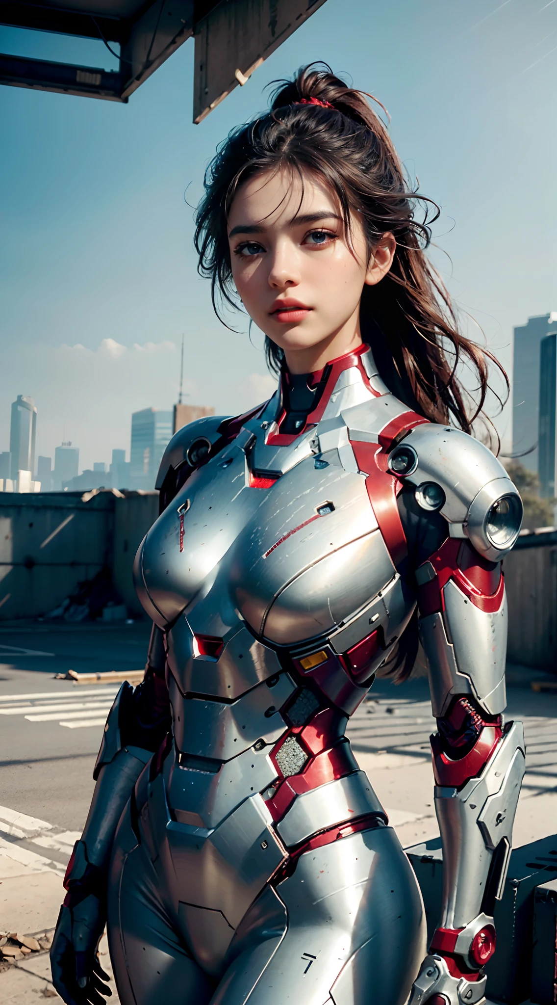 RAW, Masterpiece, Ultra Fine Photo,, Best Quality, Ultra High Resolution, Photorealistic, Sunlight, Full Body Portrait, Stunningly Beautiful,, Dynamic Poses, Delicate Face, Vibrant Eyes, (Side View) , she is wearing a futuristic Iron Man mech, red and gold color scheme, highly detailed abandoned warehouse background, detailed face, detailed and complex busy background, messy, gorgeous, milky white, high detailed skin, realistic skin details, visible pores , sharp focus, volumetric fog, 8k uhd, dslr camera, high quality, film grain, fair skin, photorealism, lomography, sprawling metropolis in futuristic dystopia, view from below, translucent