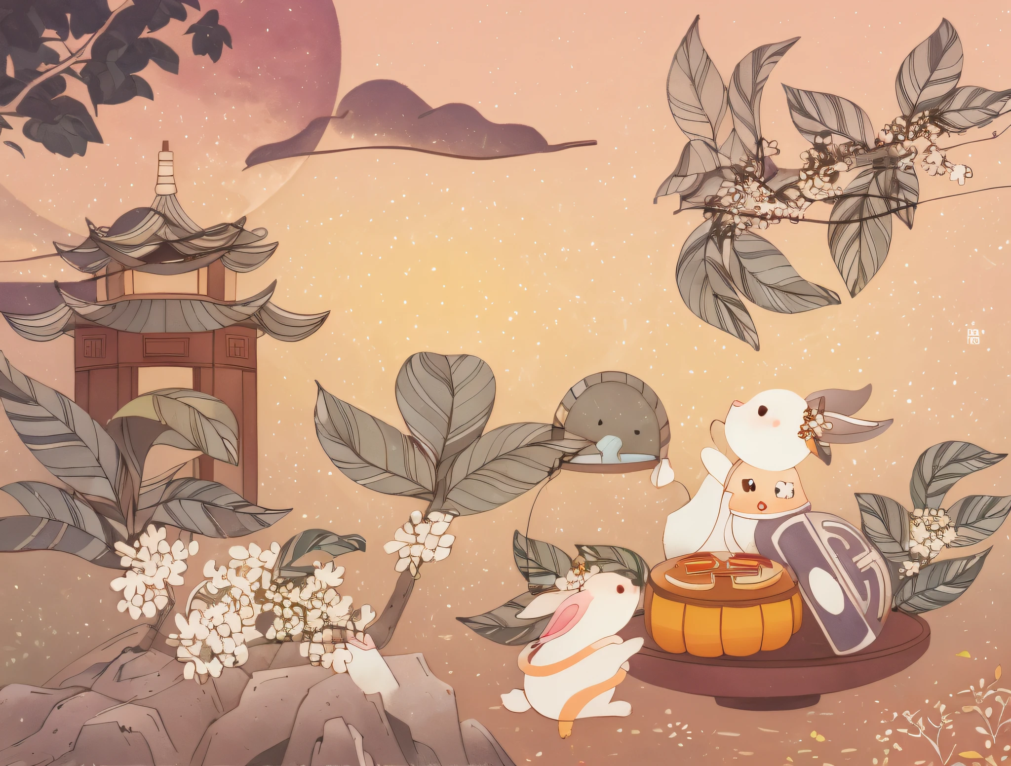 Little rabbit next to mooncakes,Admire the moon under the osmanthus tree,Night atmosphere,Mid-Autumn Festival