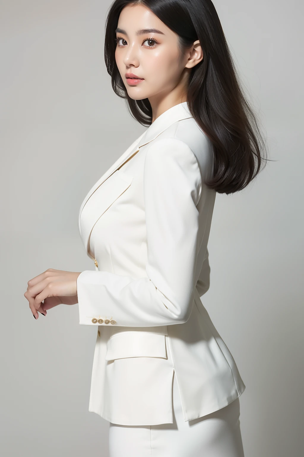 arafed asian woman in a white shirt and black skirt posing for a picture, jaeyeon nam, gorgeous young korean woman, beautiful south korean woman, korean girl, beautiful young korean woman, korean woman, heonhwa choe, korean women's fashion model, lee ji-eun, lee ji - eun, hwang se - on, smooth white tight clothes suit, sexy look, big breast
