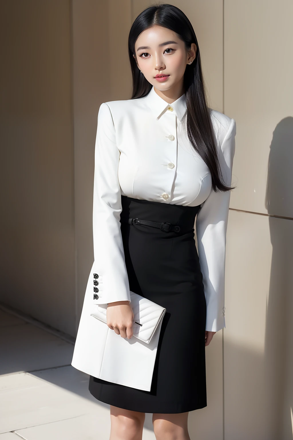 arafed asian woman in a white shirt and black skirt posing for a picture, jaeyeon nam, gorgeous young korean woman, beautiful south korean woman, korean girl, beautiful young korean woman, korean woman, heonhwa choe, korean women's fashion model, lee ji-eun, lee ji - eun, hwang se - on, smooth white tight clothes suit, sexy look, big breast