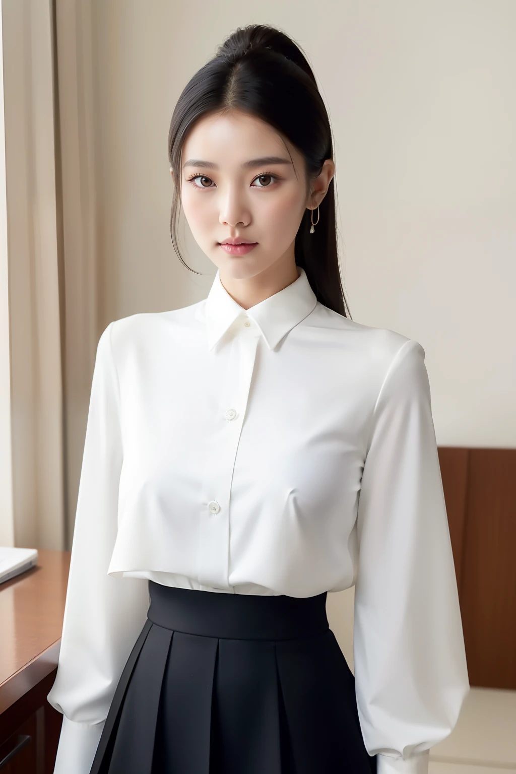 arafed asian woman in a white shirt and black skirt posing for a picture, jaeyeon nam, gorgeous young korean woman, beautiful south korean woman, korean girl, beautiful young korean woman, korean woman, heonhwa choe, korean women's fashion model, lee ji-eun, lee ji - eun, hwang se - on, smooth white tight clothes suit, sexy look, big breast