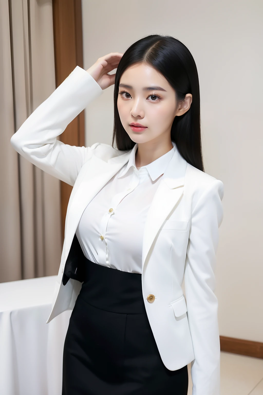 arafed asian woman in a white shirt and black skirt posing for a picture, jaeyeon nam, gorgeous young korean woman, beautiful south korean woman, korean girl, beautiful young korean woman, korean woman, heonhwa choe, korean women's fashion model, lee ji-eun, lee ji - eun, hwang se - on, smooth white tight clothes suit, sexy look, big breast