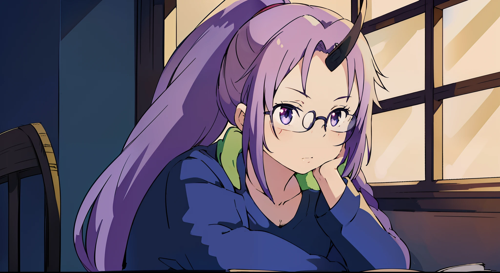 ghibli style, 1girl, pixel-shion, beautiful face, gorgeous eyes, hot girl, long hair, ponytail, upper body, solo, indoor, table, studying, book, eyeglasses, smart, masterpiece, high detailed illustration, detailed background, hi-res, realistic light, best quality, sharp, digital illustration, detailed, beautiful lighting
