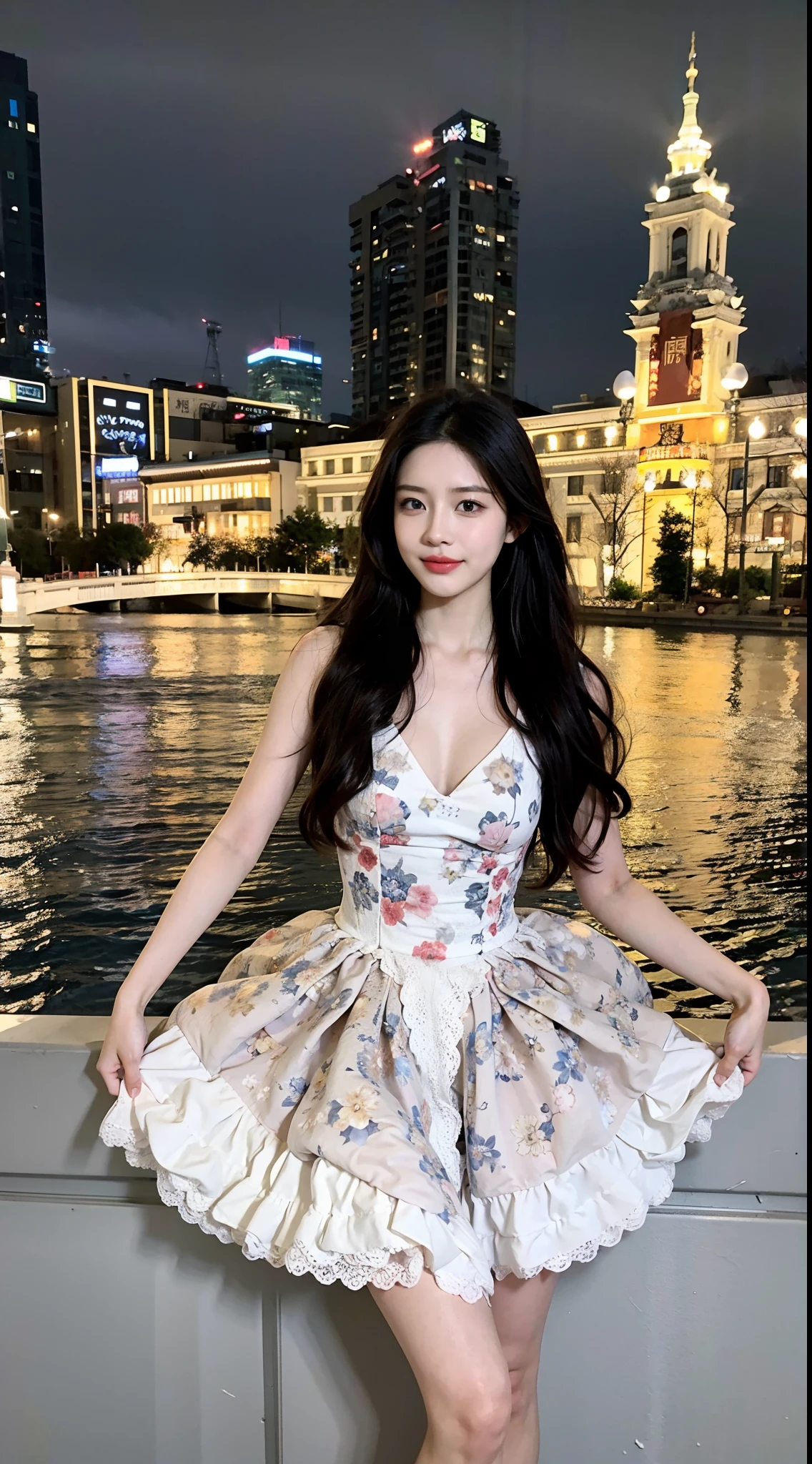 Arad woman in dress poses for a photo in front of the city, full-body xianxia, belle delphine, Middle Metaverse, xintong chen, Album art, xision wu, wenfei ye, Cai Xukun, shaxi, Chinese girl, bae suzy, sakimichan, personal profile picture, chengyou liu