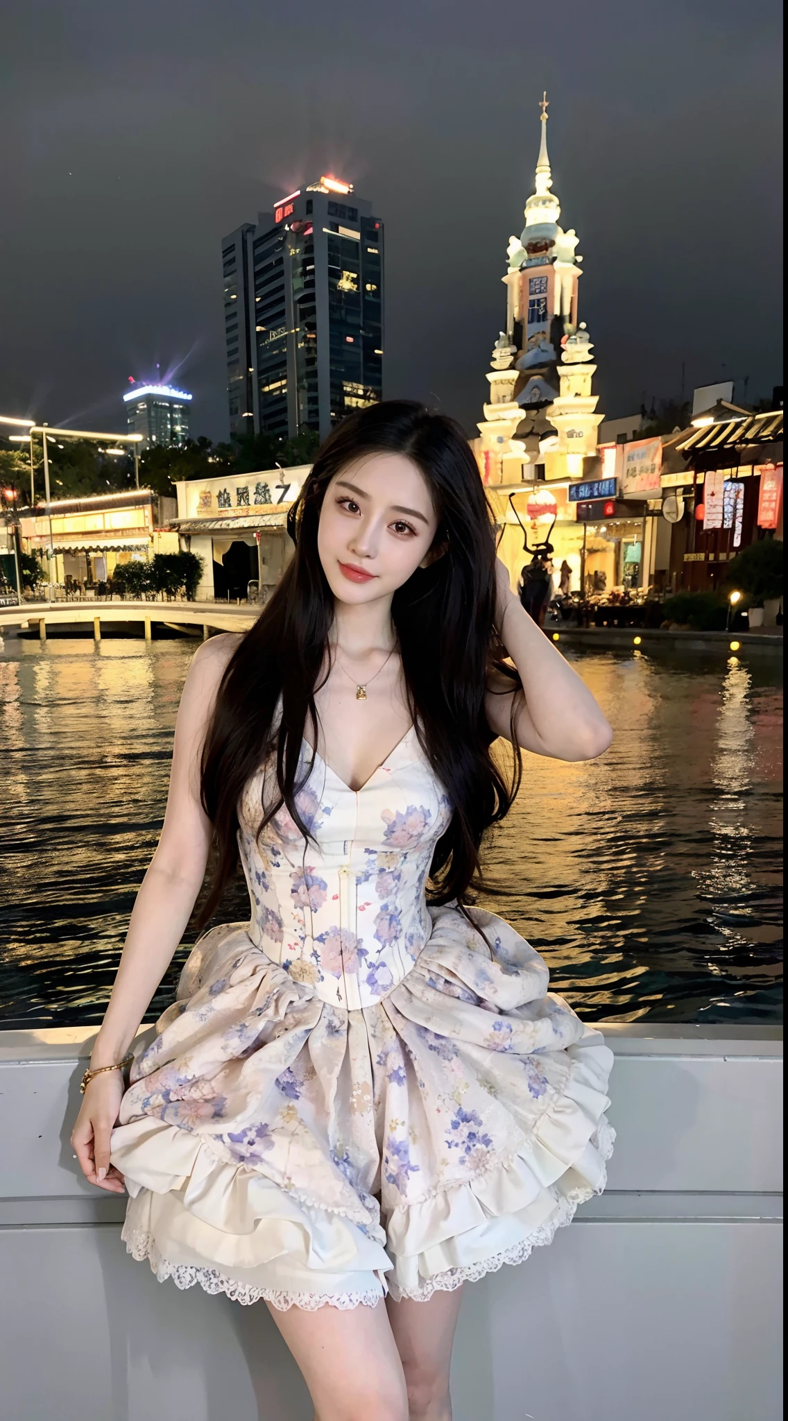 Arad woman in dress poses on a boat in front of the city, Fan Bingbing, dilraba dilmurat, full-body xianxia, xintong chen, wenfei ye, Chinese girl, Cai Xukun, shaxi, Li Zixin, ruan jia beautiful!, zeng fanzh, chengyou liu