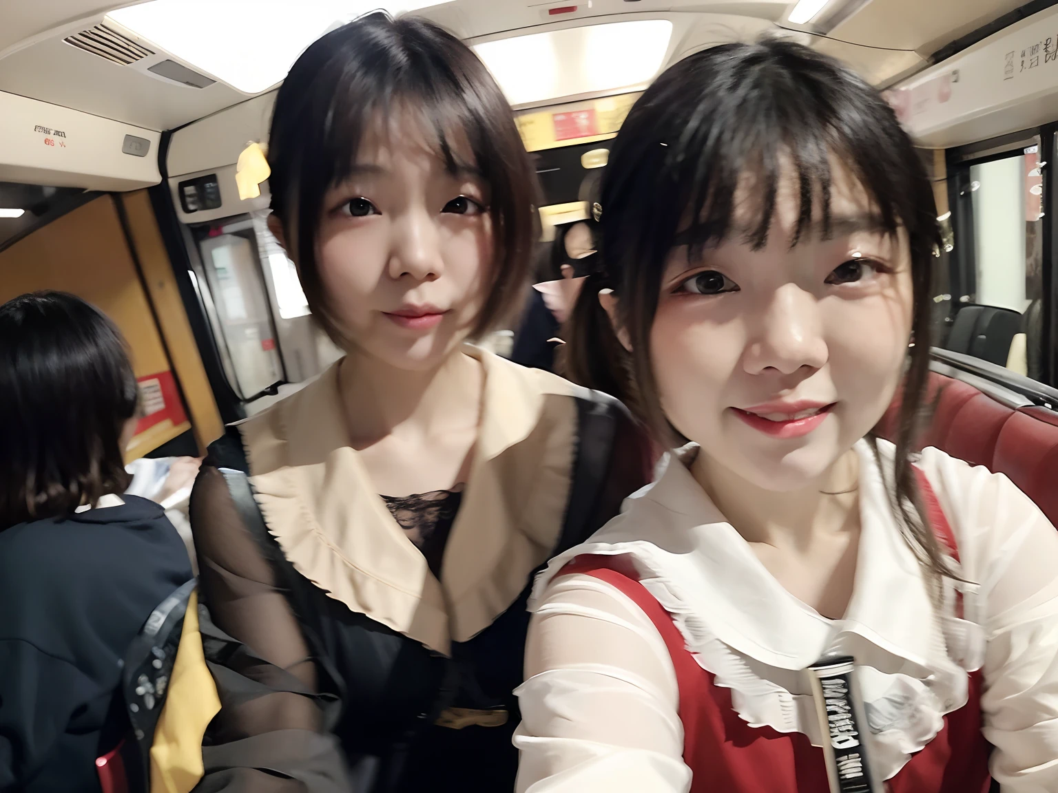 Two women pose for a photo on a bus, Ruan Jia and Fenghua Zhong, wenfei ye, huang yuxing and aya takano, xision wu, jaeyeon nam, zmonzheng, Student, Li Zixin, xintong chen, nixeu and sakimichan, gongbi, 8K)), xue han