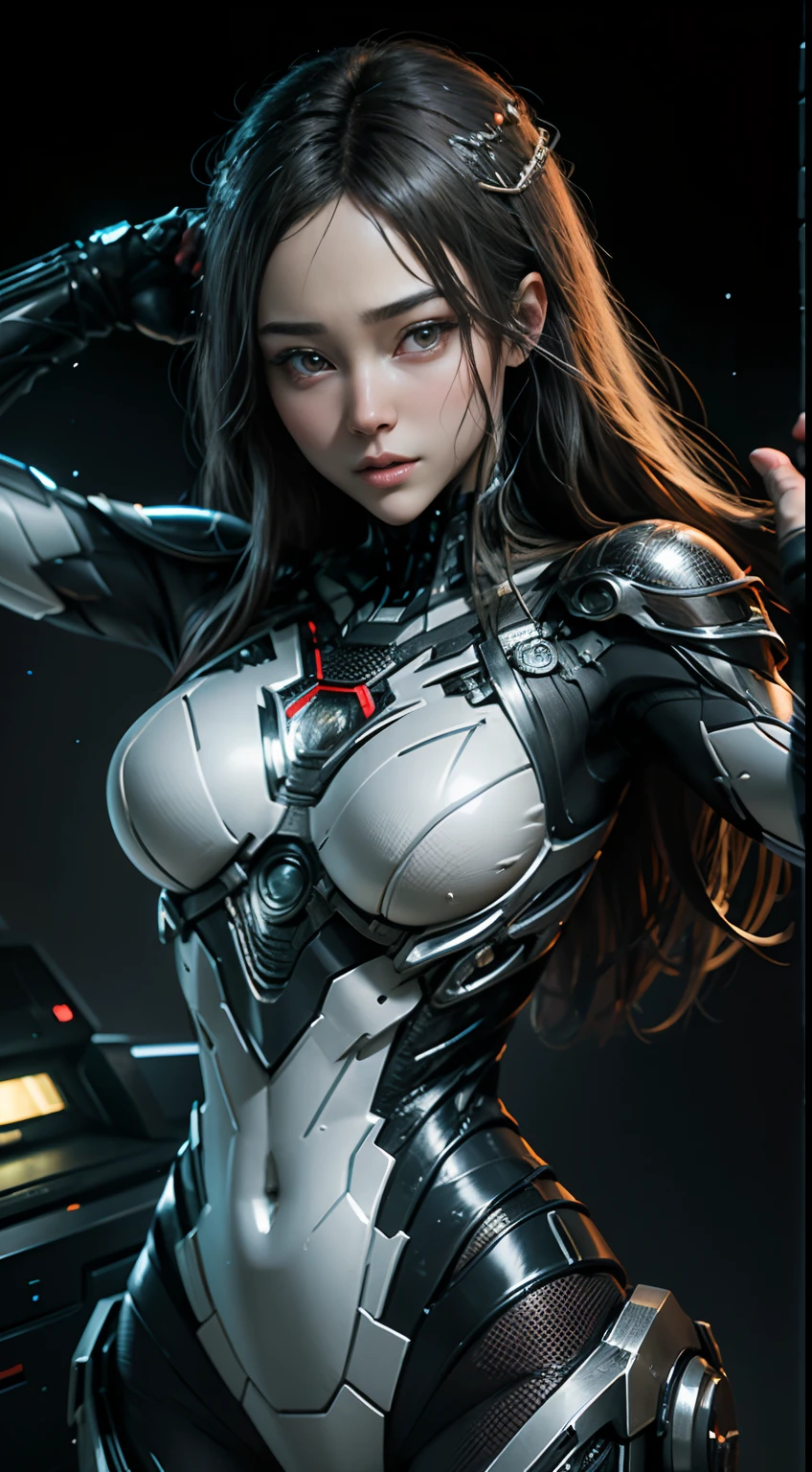 If Nyx, the Warframe of mind manipulation, were human, she would be a figure of enigmatic grace and profound intelligence. Slender in stature and elegant in posture, her movements would be fluid and almost hypnotic, as if she were always one step ahead of what others perceive. Her eyes would be an intense gray , reflecting a mind that is always active and capable of seeing beyond appearances. She would wear a futuristic dark blue outfit with silver accents that combined function and style, symbolizing her mastery over the minds of others. Her hair, long and dark gray in color, is pulled back into a ponytail, maintaining a tidy and professional appearance. Her voice would be calm and authoritative, capable of commanding attention and respect with a few words. Nyx's presence would be both comforting and slightly intimidating, suggesting a woman who knows the deepest secrets of the minds around her and uses this ability to maintain order and peace.