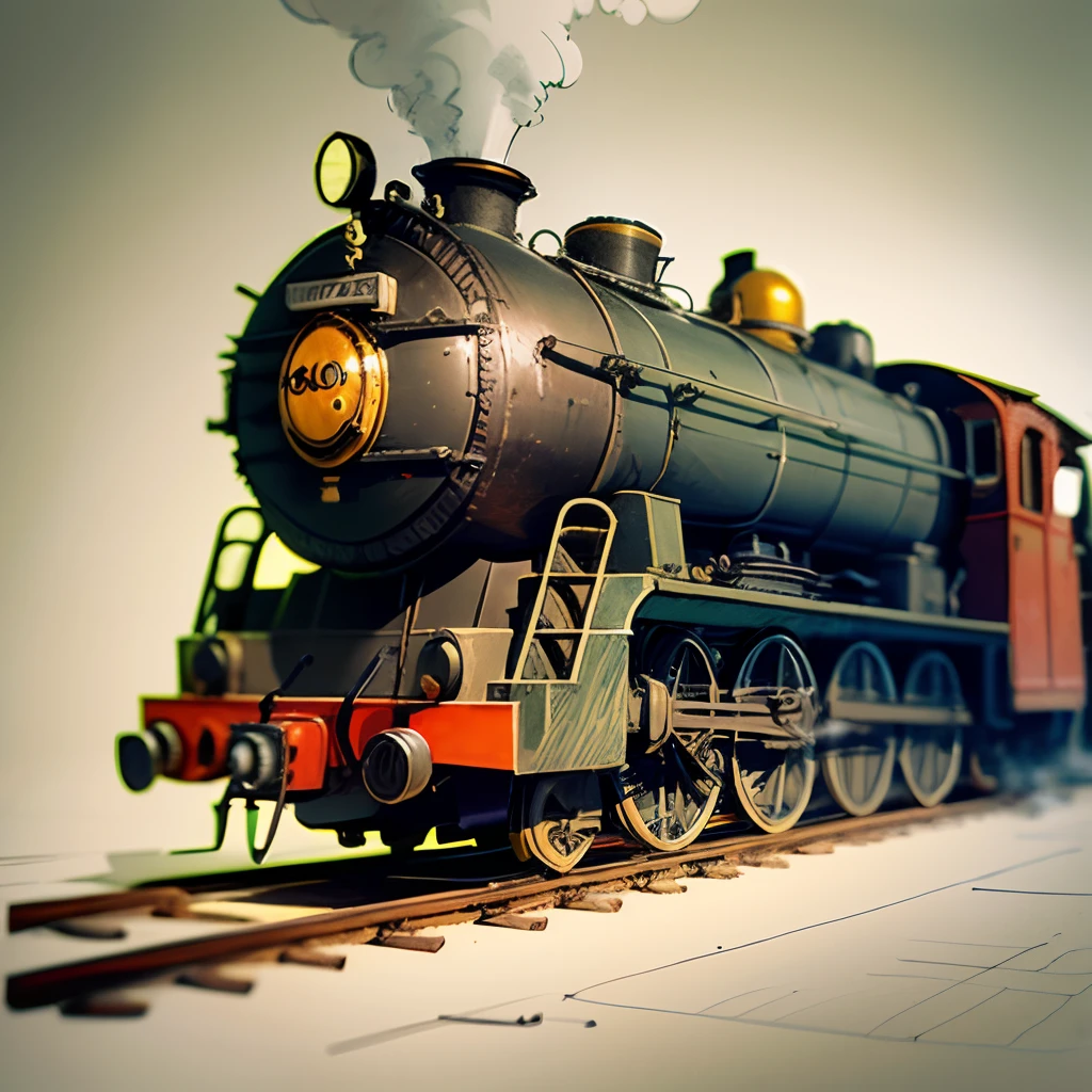 scrapbook paper, line art, pencil drawing. Steam locomotive toy. Old grunge paper. Sketch in the Soviet style. Masterpiece. Simple drawing. Digital illustration. Industrial sketch, mechanical pencil drawing. Hyper realistic image. Old paper background. 8K --auto --s2