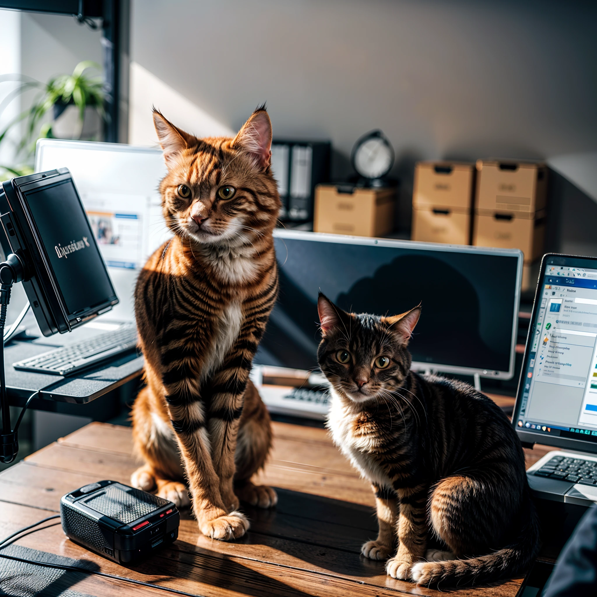 (cat), solo, ), furry_hair, ginger-cat, photo(medium-shot), standing, (pov, blurry_background:1.5), background(office, desk, pc, plant), natural-lighting, (photorealistic, absurdres, best_quality:1.55),