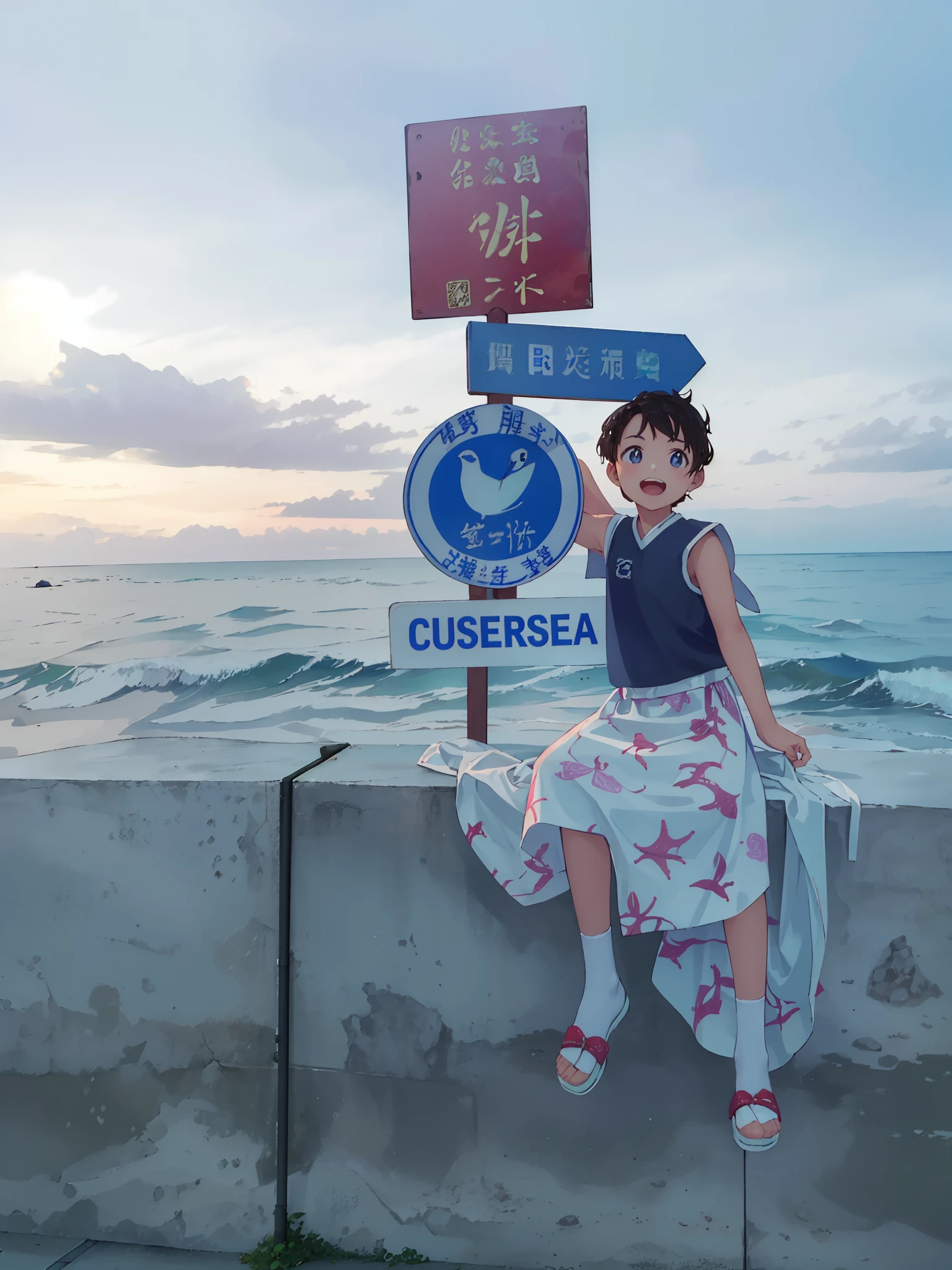 "On the wall by the sea sits a little girl with long hair,Wearing Mu Yanling's costume, Queen of the Sea,Have by the sea,The photo was taken on 2020。Someone stood near the beach,We could see the sea,There is also a sea goat next to it。Nearby are rough waves,Chen Xintong also stood by the sea,long whitr hair,Pubic area is clear,happy laughing