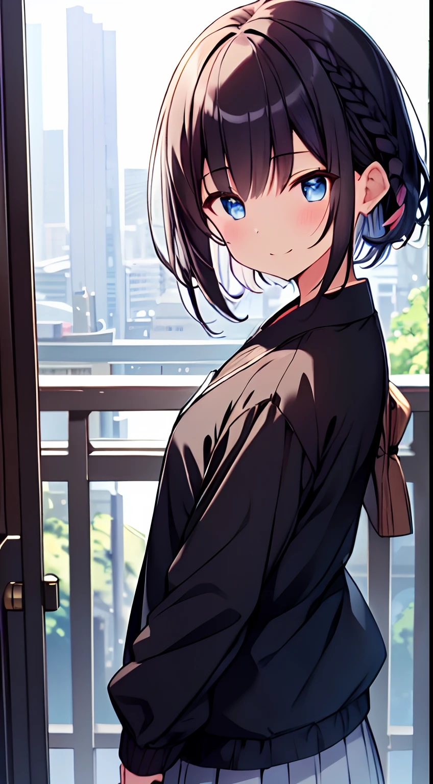 masutepiece, Best Quality,Illustration, Wallpaper, Ultra Detail, 1girl in,Solo,Beautiful detailed eyes,Very thick contour lines、Medium Short-Cut Hair、Short, Braided hair、(student clothes)、Dark hair color、A smile、Walking next door、Kamimei、Overlooking angle:1.2、small head