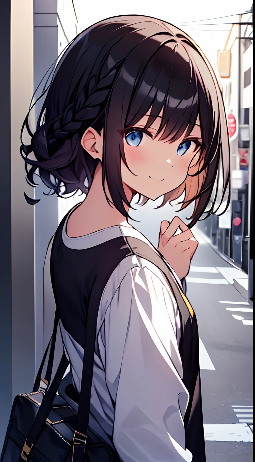 masutepiece, Best Quality,Illustration, Wallpaper, Ultra Detail, 1girl in,Solo,Beautiful detailed eyes,Very thick contour lines、Medium Short-Cut Hair、Short, Braided hair、(student clothes)、Dark hair color、A smile、Walking next door、Kamimei、Overlooking angle:1.2、small head