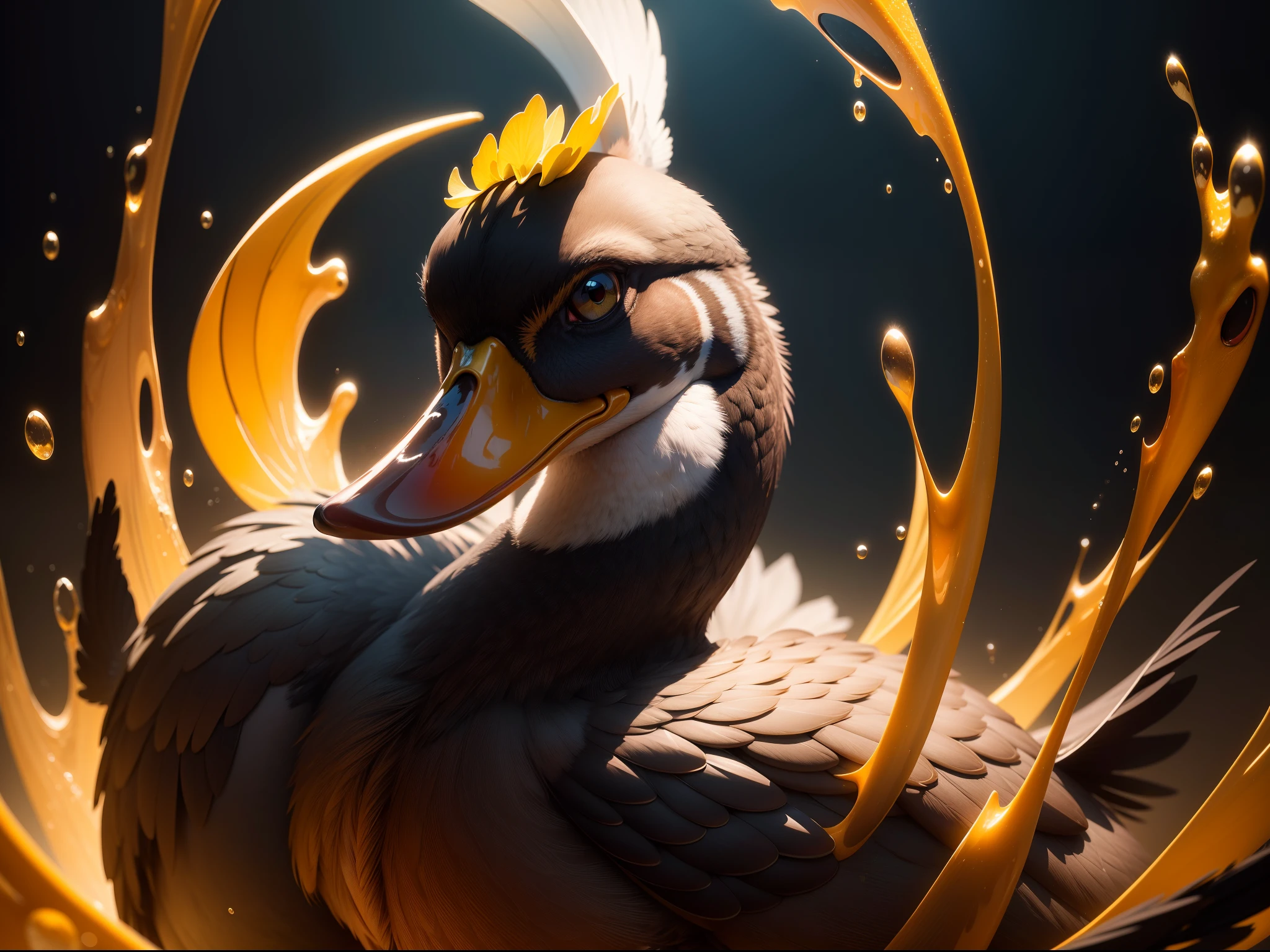 Premium image quality,Highlight the mystery,Ultra HD duck biological mutation,Chemical elements blend wildly,Abstract mystery,Vivid and mysterious,Focus on the facial features of the duck,Sharp light,dynamic scene