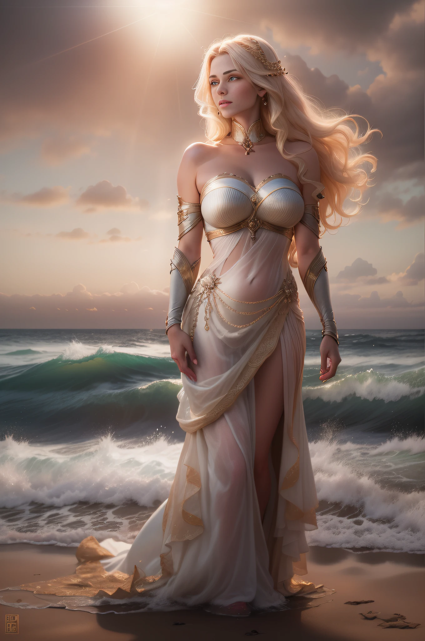 full body shot of, Goddess Venus, Roman goddess of love and beauty, Beautiful and delicate facial features, From the sea appeared on a huge shell。She stood gracefull, Long flowing blonde hair, Eye-Level Shot, Sony FE GM, chiaroscuro, cinematic lighting, speed lines, vignetting, god rays, UHD, anatomically correct, masterpiece, textured skin, best quality, highres, 8k