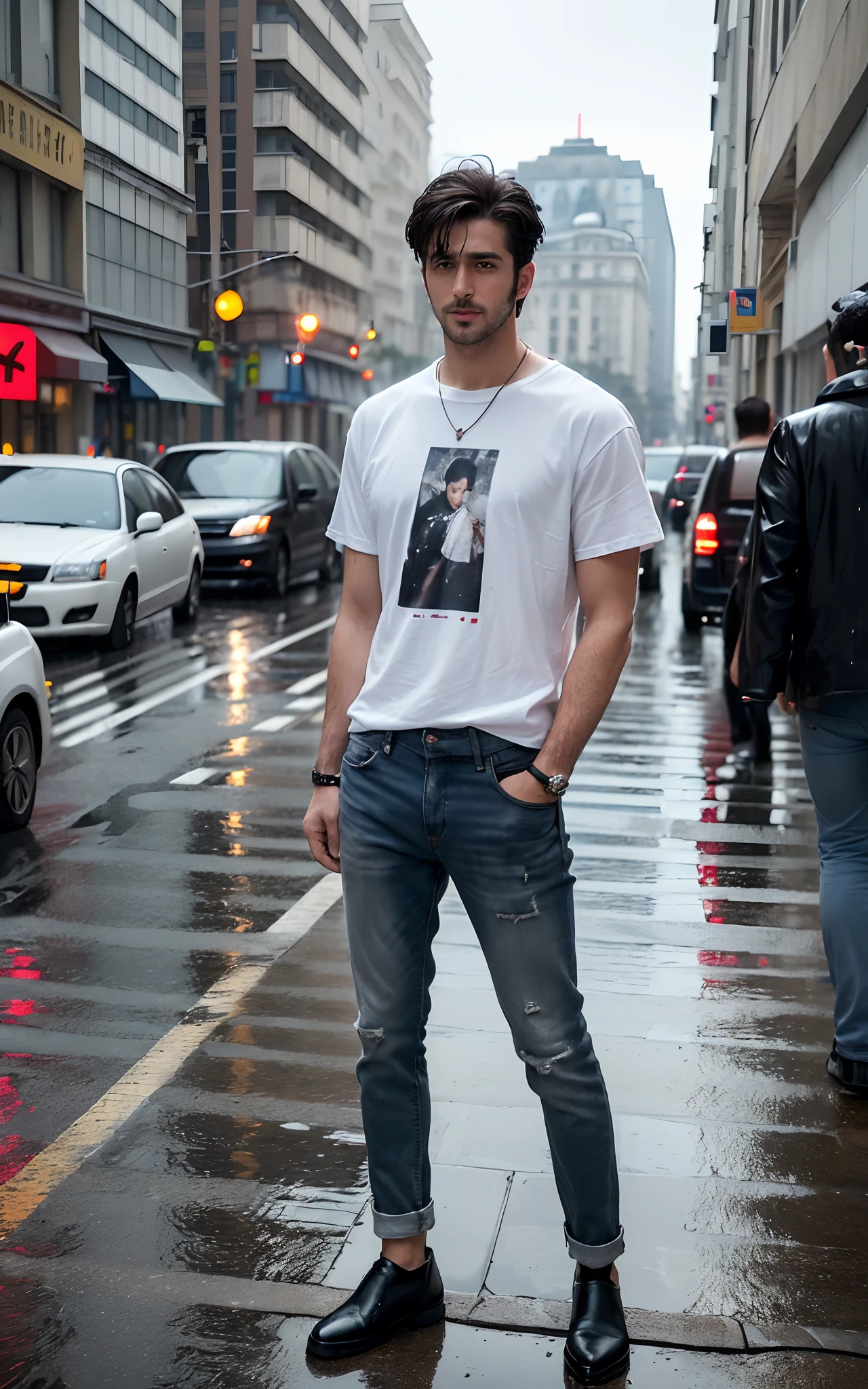 (RAW photo, best quality, highest quality, masterpiece:1.2), (realistic, photo-realistic:1.37), ultra high res, (1 man 32 year's old, light french cut, Tirkish handsome:2.0), (summer night:1.3), (white round neck plain Tee-shirt, regular fit baggy Tee-shirt, low ankle boots, regular fit lose jeans:1.3), (Carrying covered electric guitar on shoulder, standing at street, open legs style, wet wide road:1.4), high rise buildings, traffic, cars, yellow cabs behind, rainy weather, headlights, walking style, rainy atmosphere, full body, Black cut shoes, model style Posing, (focus face:1.3), (high contrast:1.1), (detailed background:1.3), dynamic pose, intricate detail, delicate pattern, (vibrant, colorful:1.3), (high sharpness), middle eastern guy, fashion posing, short black hairstyle, plain regular fit lose Tee-shirt no printing on Teeshirt, light french beared, Turkish boy in standing style covered electric guitar.