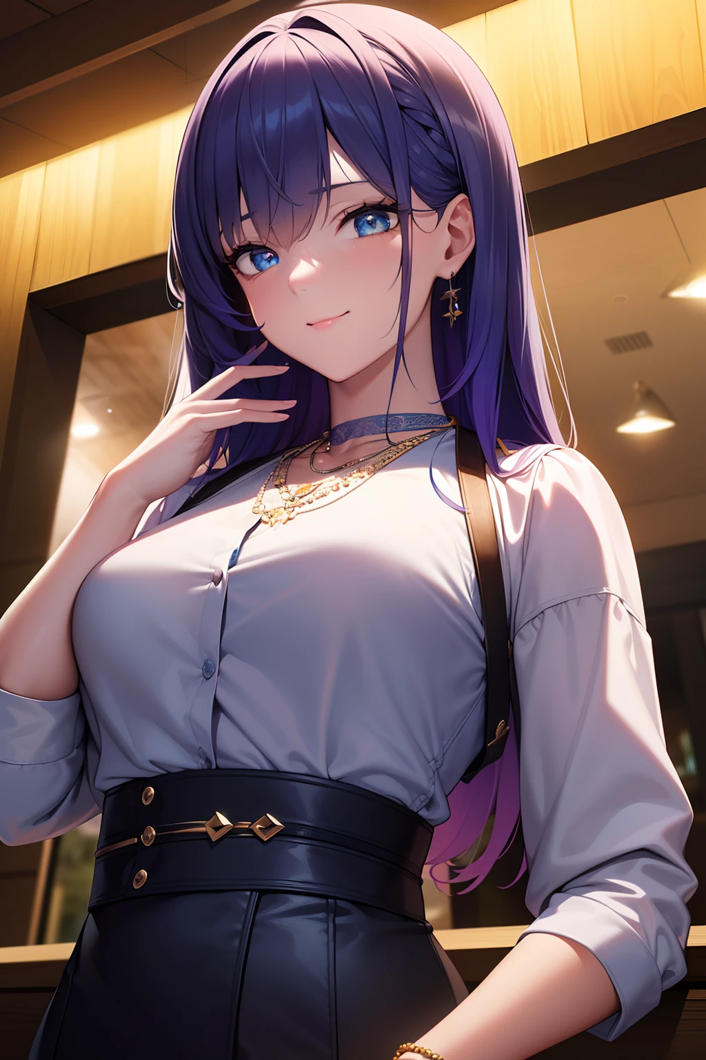 ((masterpiece)), ((best quality)), (ultra-detailed), ((extremely detailed)), 4K, (8K), best quality, (beautiful), anime style, look up from below, bar, night, a cute girl, 1girl, solo, suit, beautiful rainbow hair, beautiful blue eyes, ((beautiful eyes)), white-skinned, earrings, necklace, smile