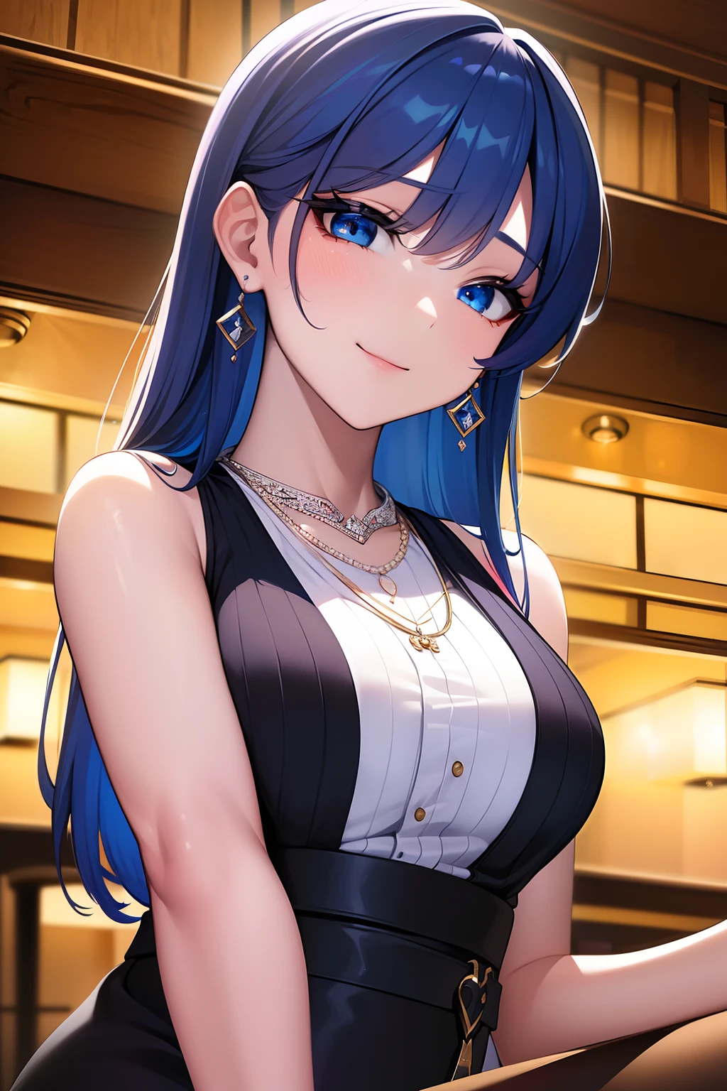 ((masterpiece)), ((best quality)), (ultra-detailed), ((extremely detailed)), 4K, (8K), best quality, (beautiful), anime style, look up from below, bar, night, a cute girl, 1girl, solo, suit, beautiful rainbow hair, beautiful blue eyes, ((beautiful eyes)), white-skinned, earrings, necklace, smile